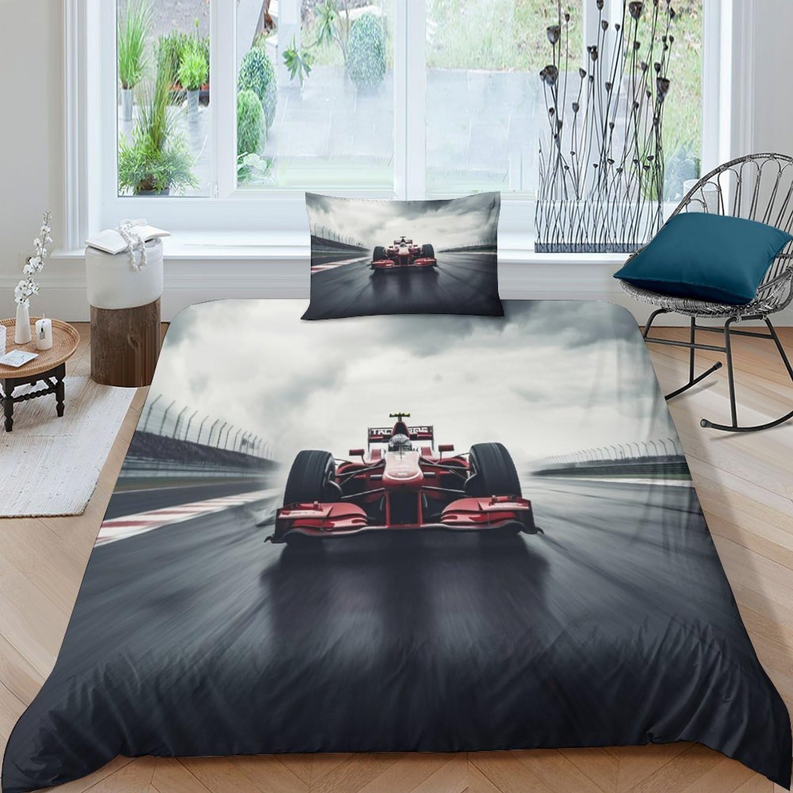 BARDYS Formula Racing Hot Choice for Boys，girls Bedding Set with Zipper Closure 3D Printed Comforter Cover F1 Racing Duvet Cover Set Soft Microfiber Quilt Cover with Pillowcaser Single（135x200cm）