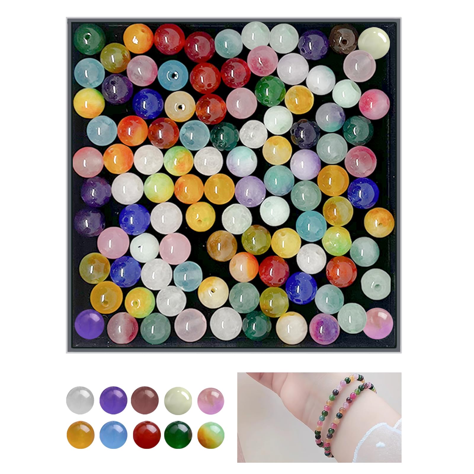 NVGVUP 100 Pcs Multicolor Stone Beads, 8mm Crystal Round Beads with Holes for Jewelry Making, DIY Crafts Gifts