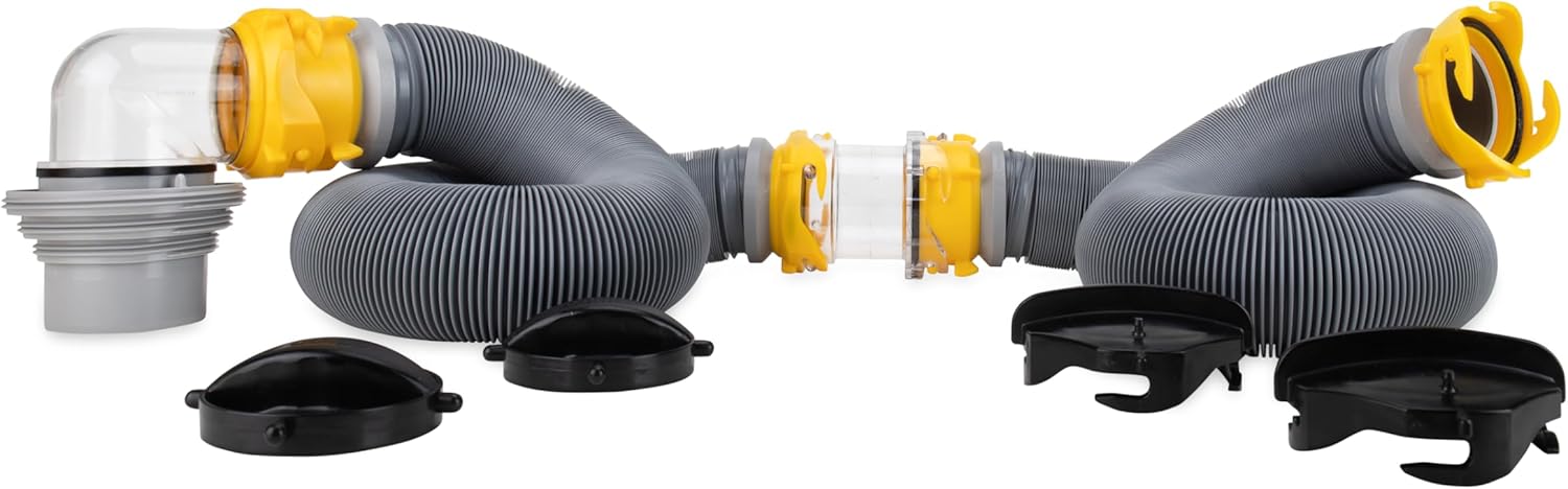 Camco Deluxe Sewer Hose Kit with Swivel Fittings, Clear Elbow Fitting, Hoses, Storage Caps, and Bonus Clear Extender, 20 Feet (39658)