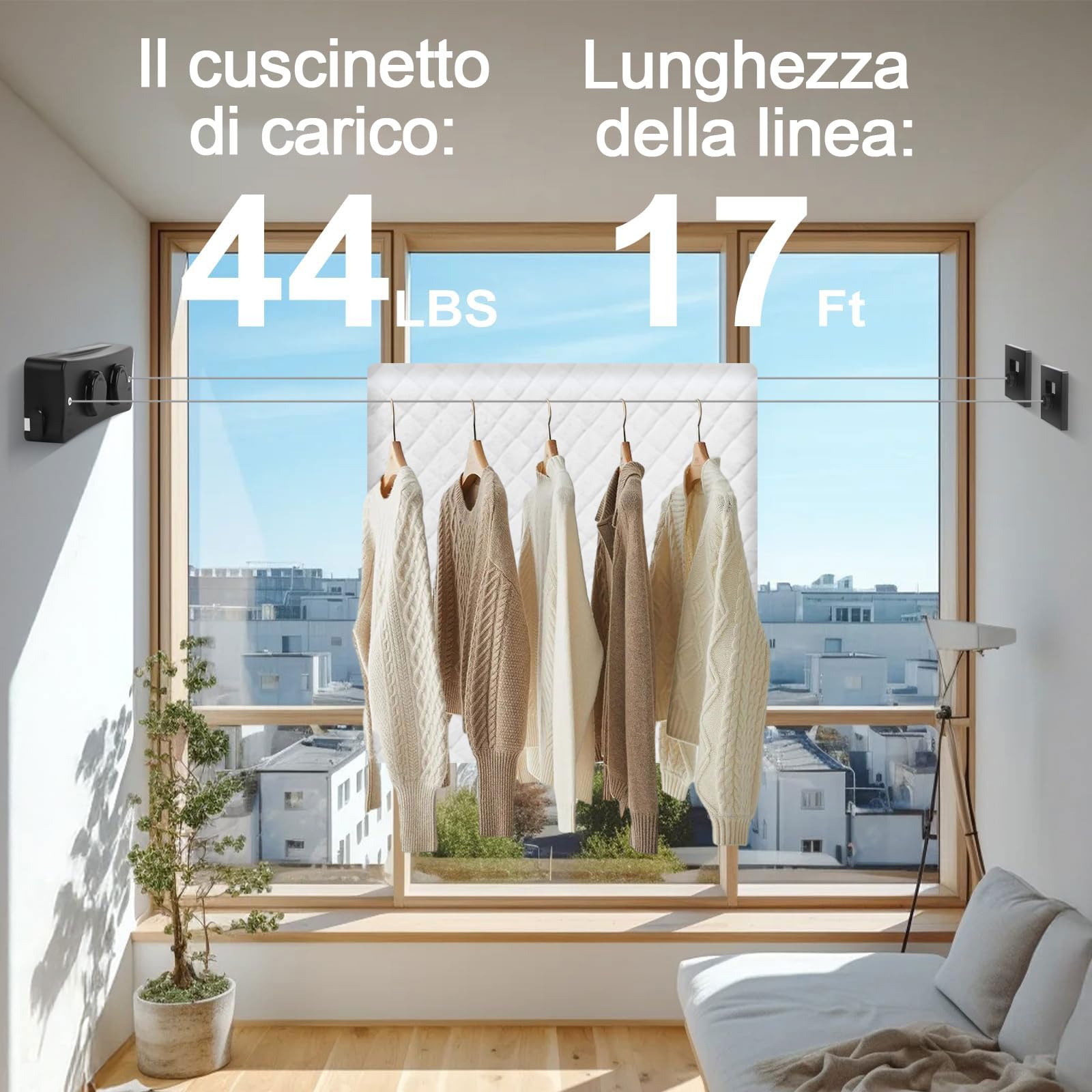 Domigard Corda per Biancheria Retrattile, Stendibiancheria Interna a Parete Doppia Linea Invisibile Filo di Lino Estensibile in Acciaio Inossidabile, Corda da Biancheria Regolabile 2 * 5,1m (Nero)
