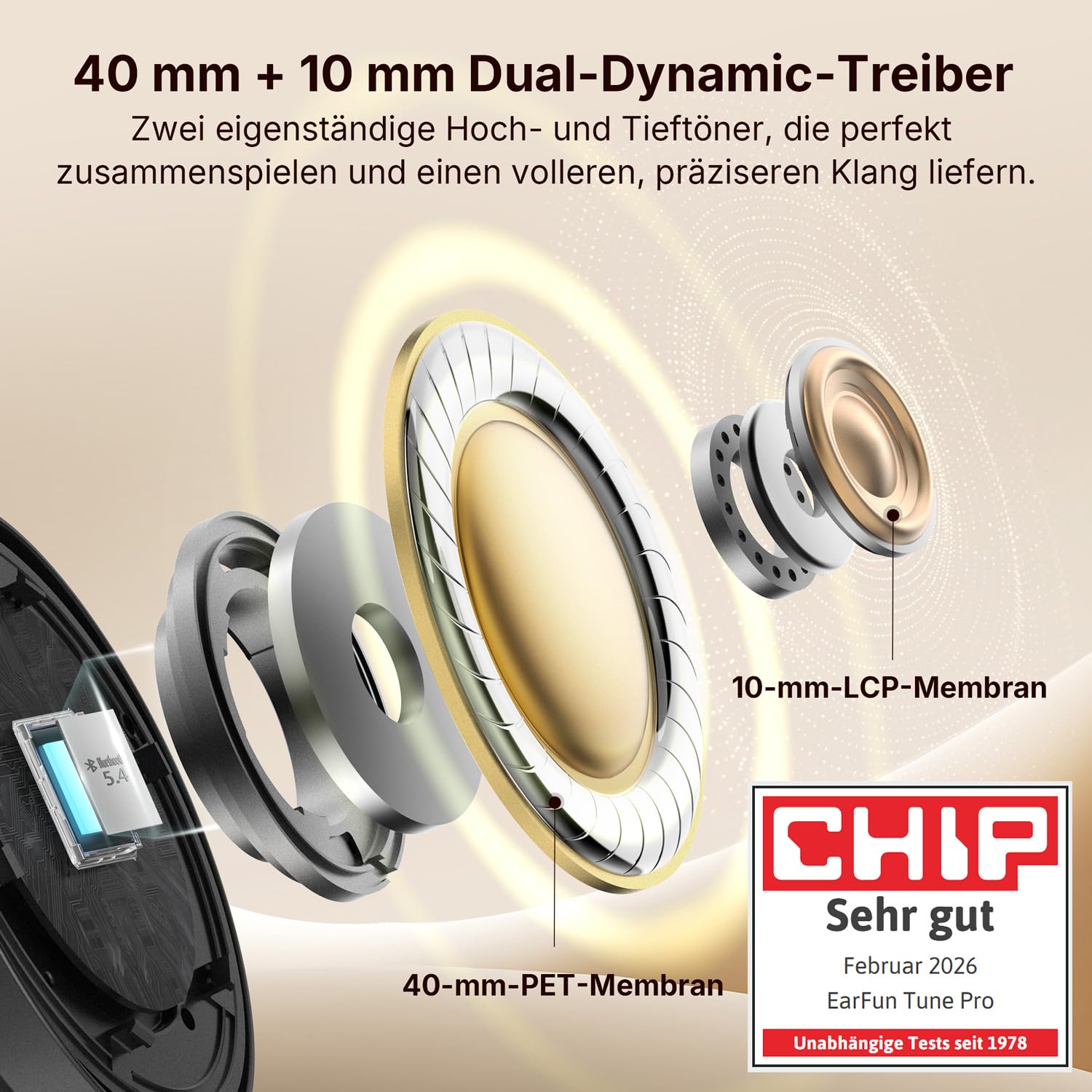EarFun Tune Pro Over-Ear Kopfhörer Kabellos, Aktiver Geräuschisolierung, Dual-Dynamic-Treibern, Hi-Res Audio, 120 Std. Akku, Bluetooth 5.4 Kopfhörer mit 5 KI-Mikrofone, Multipoint, APP, Theatermodus
