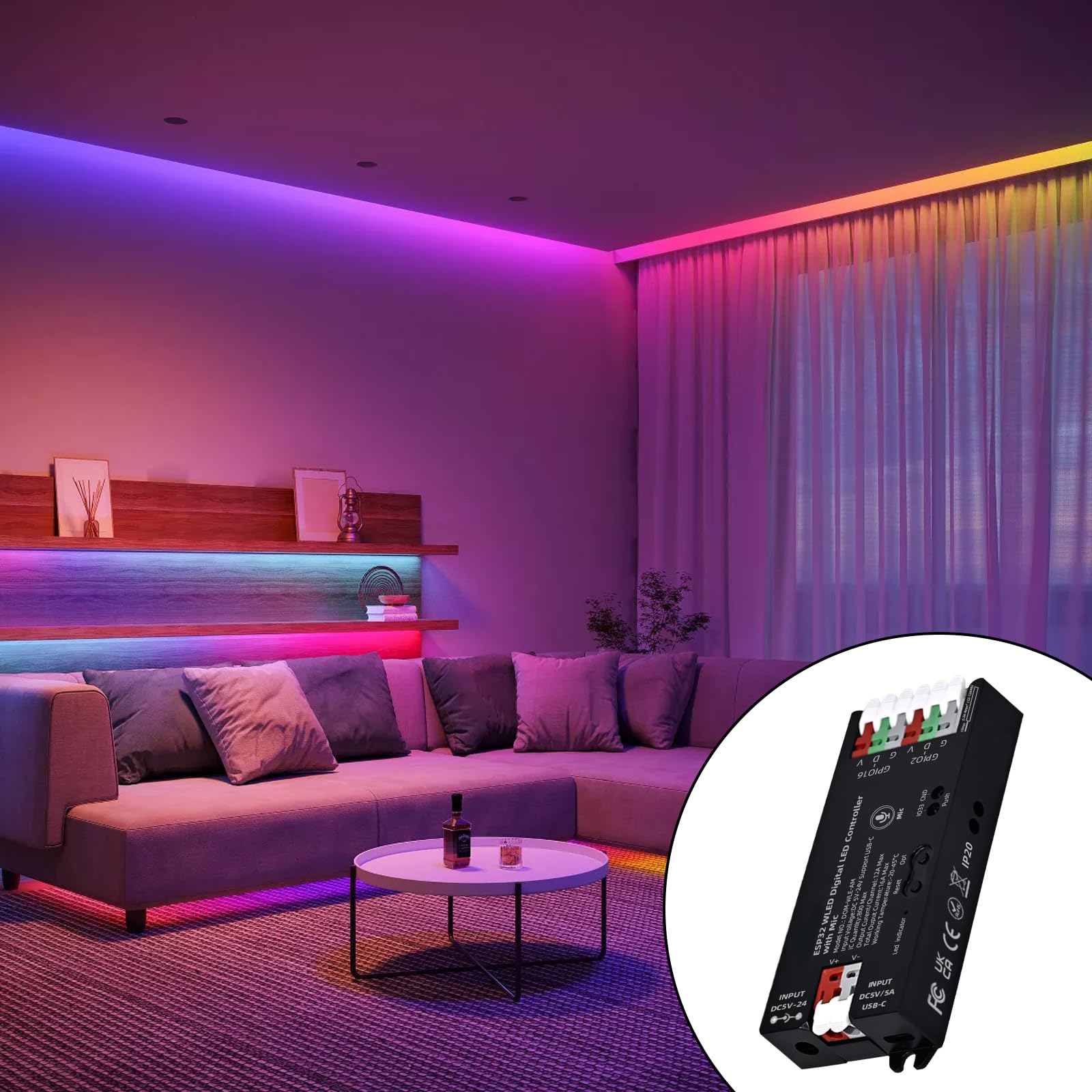 Controller WLED con Microfono, Controller Digitale ESP32 per Strisce LED RGB, RGBW, DC5-24V Controllers WLED Digitale Indirizzabile per Strisce LED WS2811, WS2812B, SK6812, WS2805