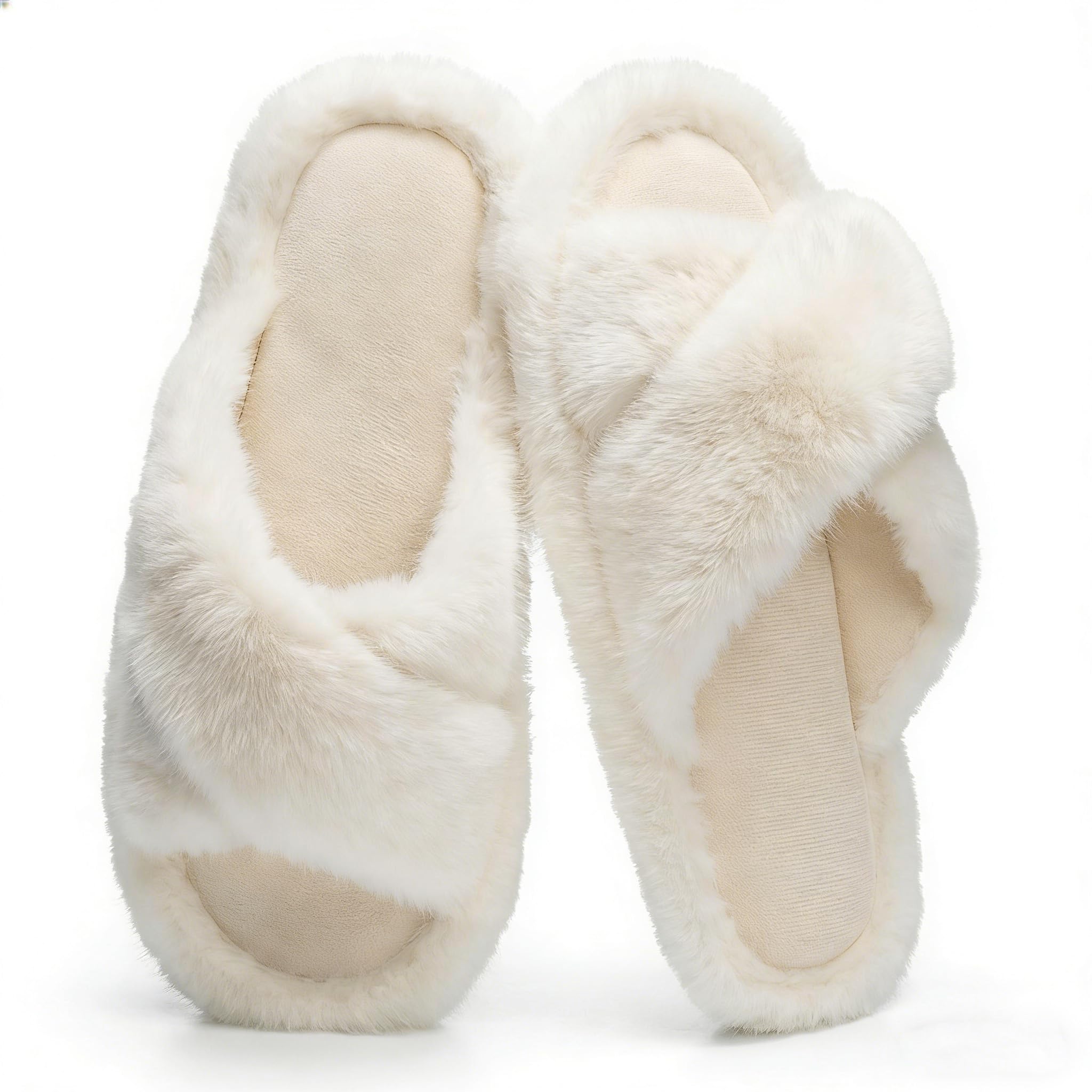 Womens Fuzzy Slippers Cross Band Slippers for Women House Shoes for Women Memory Foam Open Toe Quiet