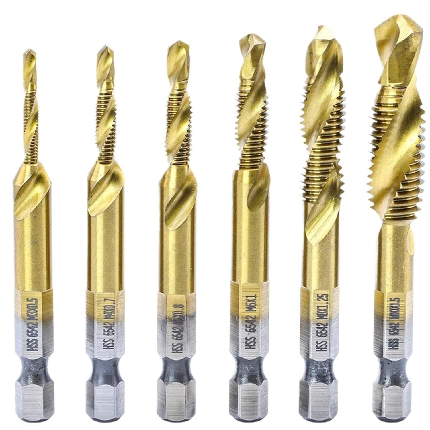 Tap Set, Pack of 6 Metric Thread Tap Drill Bits Set M3-M10 Hex Shank HSS 6542