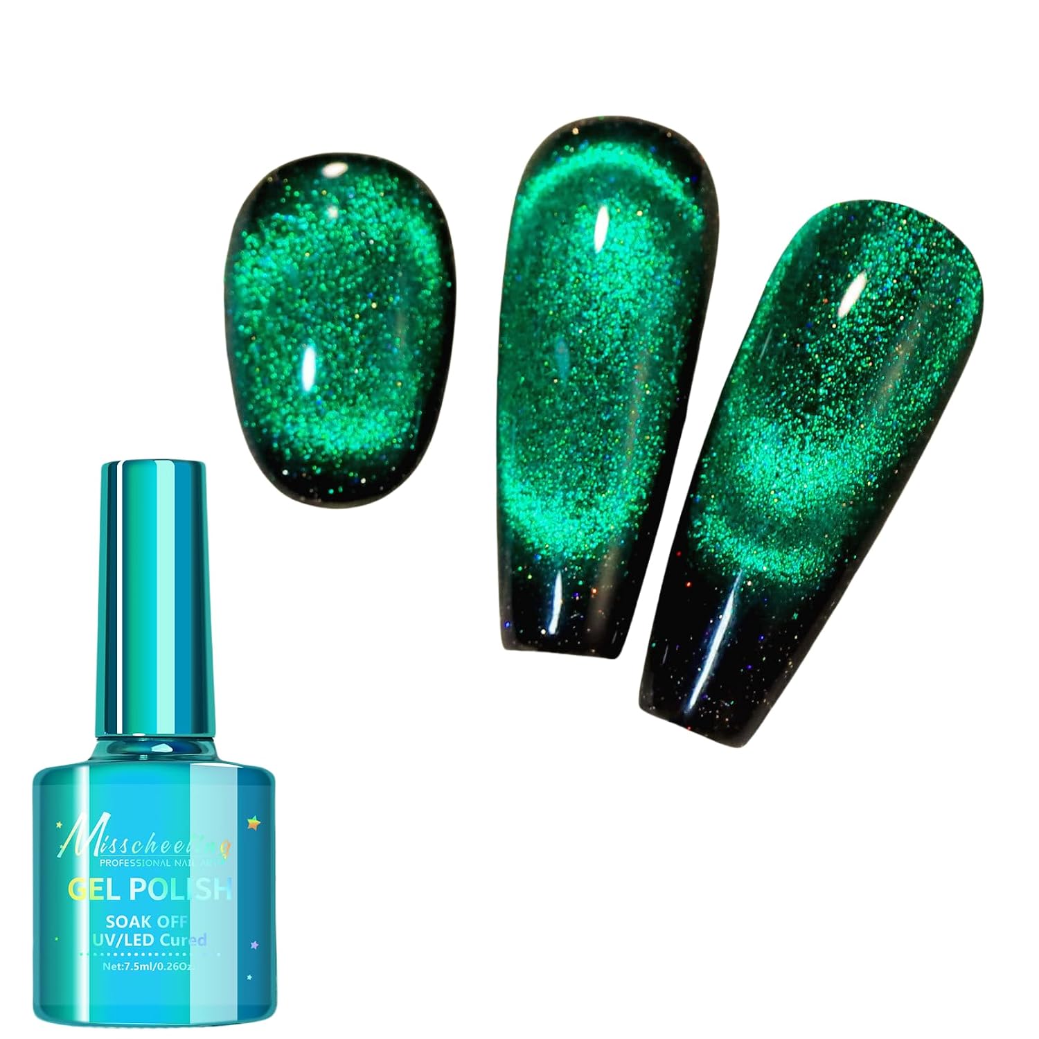 12D Cat Eye Gel Nail Polish, Bright Magnetic Diamond Cateye Glitter Gel Polish for Nail Art for Women (Green 01, 7.5ml)