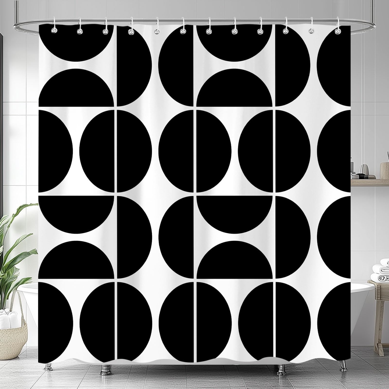 Black and White Mid Century Modern Shower Curtain, Boho Abstract Geometric Retro Art Bath Curtains For Bathroom, Colorful Unique Pattern Waterproof