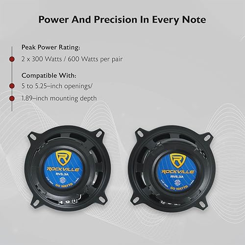 Miniatura 5 de Rockville RV5.3A - Altavoces de coche de 3 vías de 5.25 pulgadas, 600 W, 4 ohmios, woofer de polipropileno, envolvente de goma de butilo, con