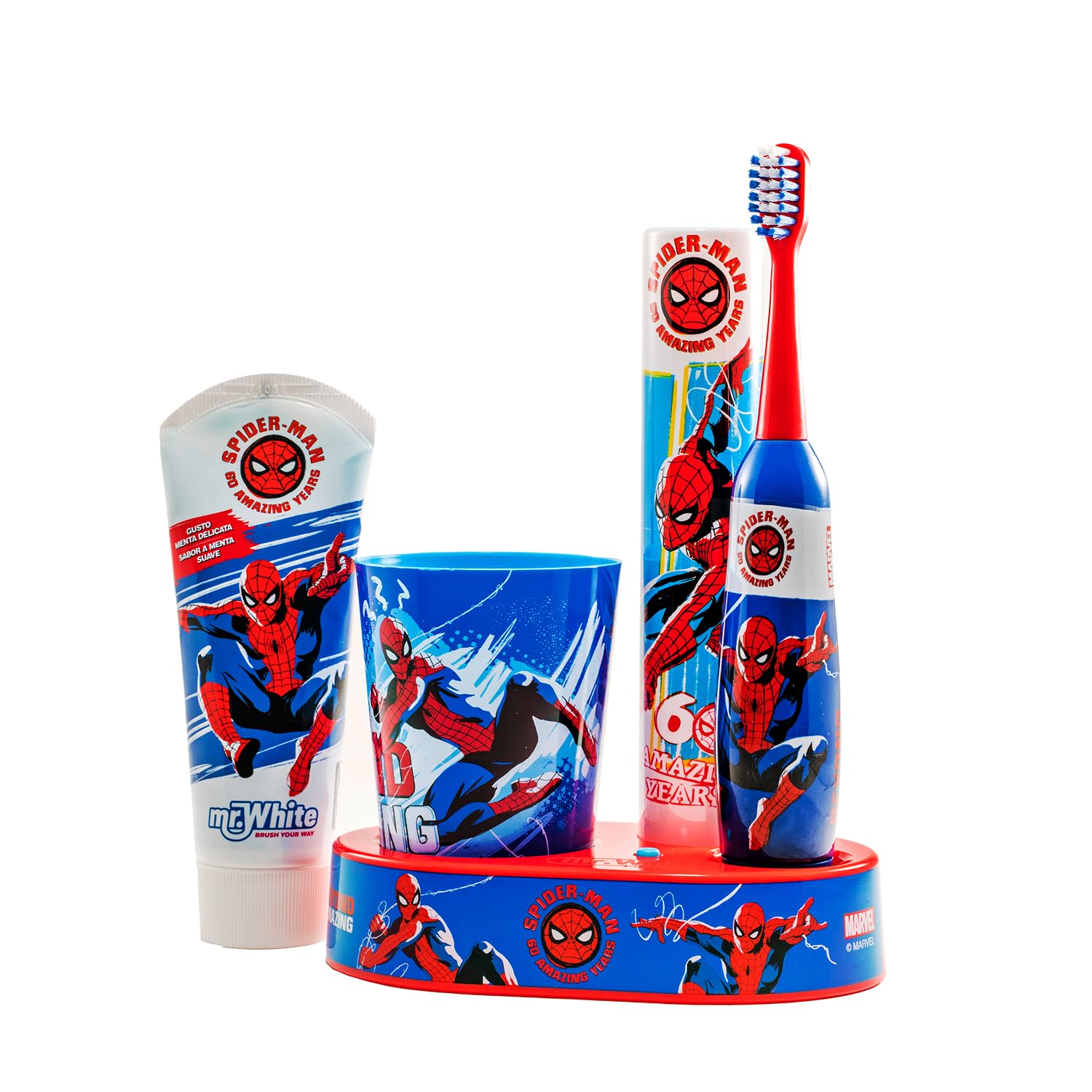 Mr.White - Confezione regalo con LED Marvel Spiderman per bambini, con dentifricio, spazzolino da denti alimentato a batteria, bicchiere e base con torre lampeggiante di 2 minuti