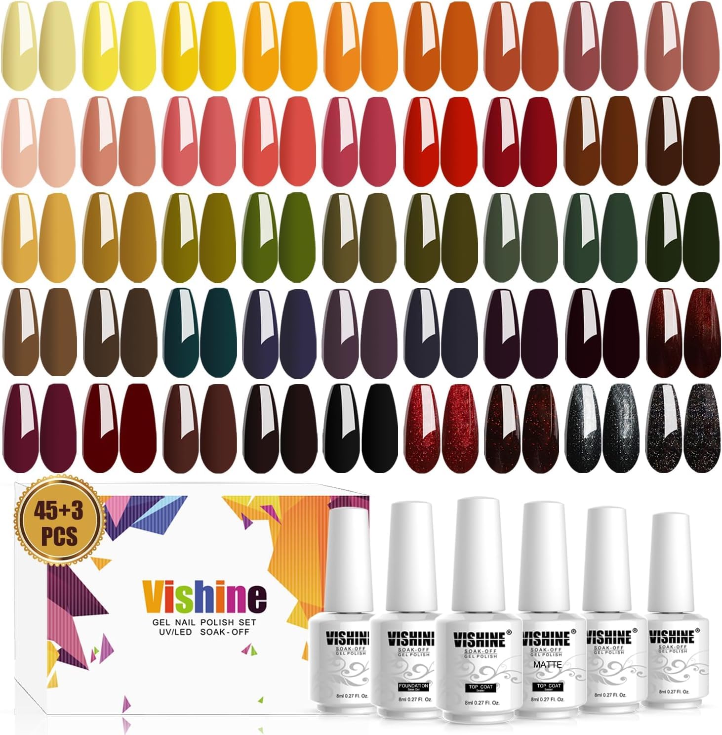 Vishine Smalto Semipermanente Unghie, 48 pcs Smalti Semipermanenti per Unghie con Base e Top Coat, Matt Coat, Smalto per Unghie in gel UV LED Nudo Rosso Semipermanente Unghie, 8ml