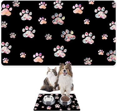 Monnhein Food and Water Pet Nutrition Mat, Easy Clean Absorbent Waterproof Fabric, Small Medium Size and Durable Dog Cat Mat for Large Cat and Dogs 50x35, Black Color Paw