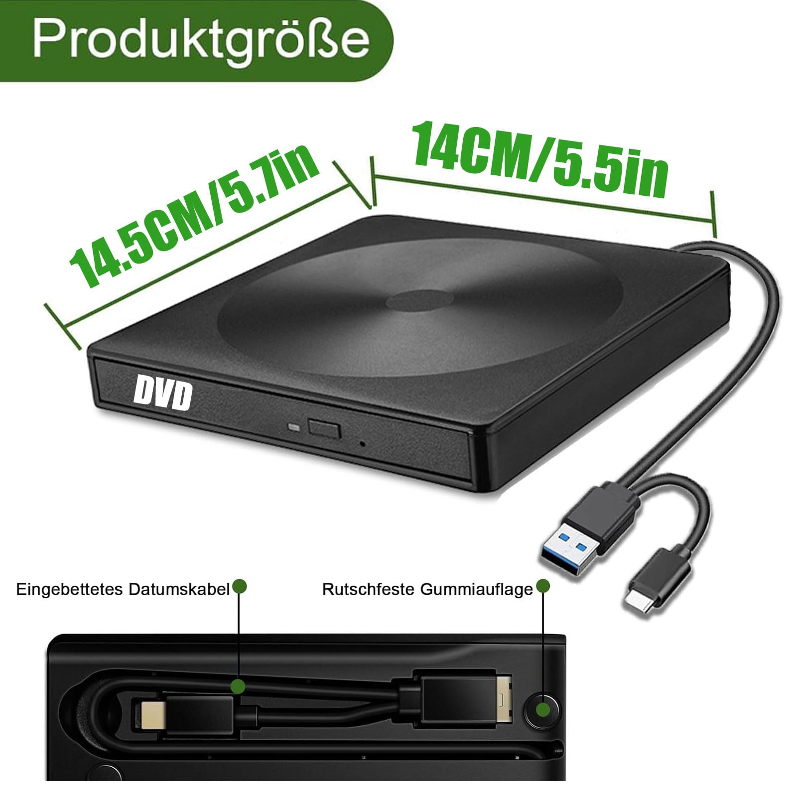 GERUI Externes DVD Laufwerk, CD DVD Brenner Player USB 3.0 Typ-C Writer DVD/CD +/-RW CD Laufwerk für PC Laptop Desktop mit Mac/OS//Linux/Win11/Win10/Win8/XP