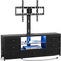JUSTOGO TV Stand with Mount & 7 Fabric Drawers, LED Entertainment Center for 32-70" TVs, Power Outlets & Open Shelves, Black Media Console