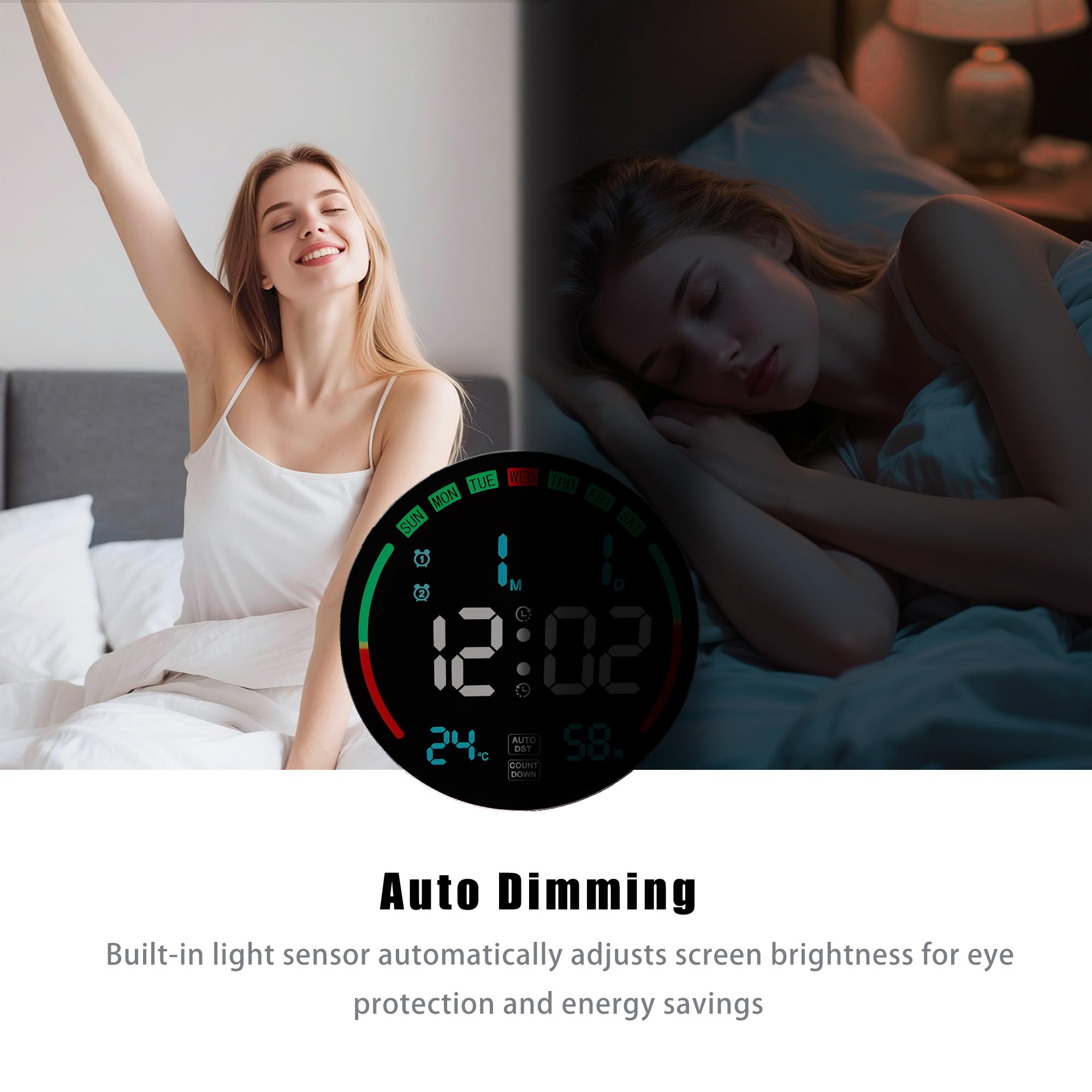 Grande orologio da parete digitale con data, timer, dimmer, temperatura, umidità, ora diurna automatica, decorazione per soggiorno, camera da letto, ufficio, palestra, garage (blu)