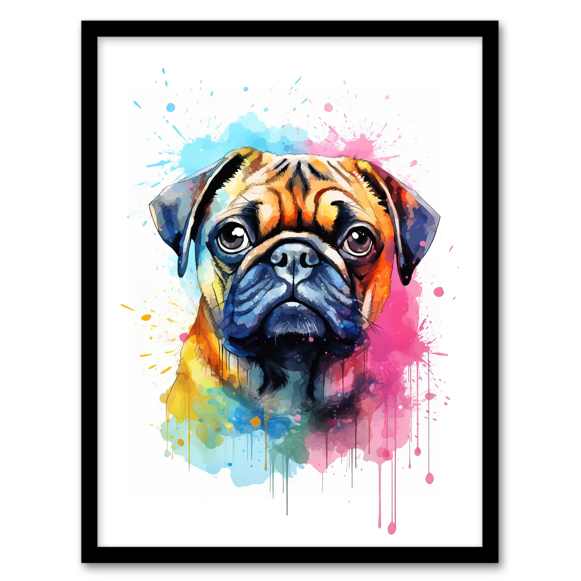 Artery8 Pug Lovers Gift Watercolour Pet Portrait Painting Artwork Artwork Framed Wall Art Print 18X24 Inch
