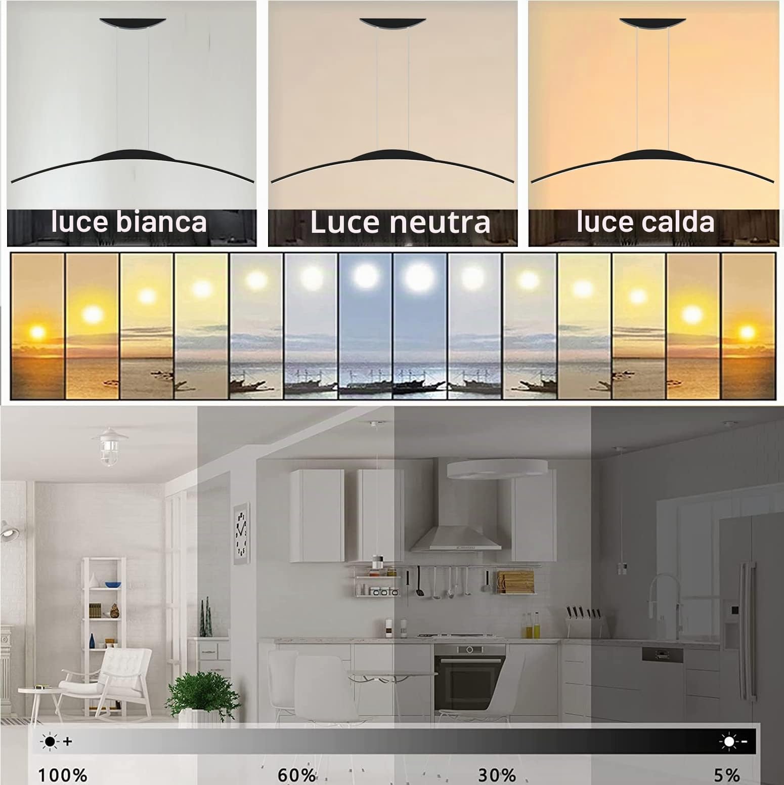 Lampada a Sospensione a LED Dimmerabile Lampada da Tavolo da pranzo Moderna con Telecomando con Design ad arco Lampadario Regolabile in altezza per Sala da Pranzo Soggiorno Cucina (120cm，56W, Nero)