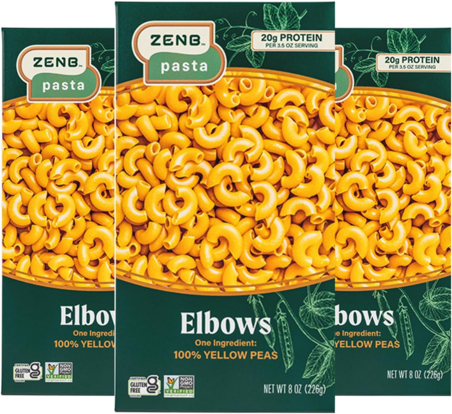 ZENBPlant Based Elbow Pasta - Made From 100% Yellow Peas, Gluten Free, Non-GMO & Vegan, 20g of Protein & 12g of Fiber In Every Serving - (Pack of 3)