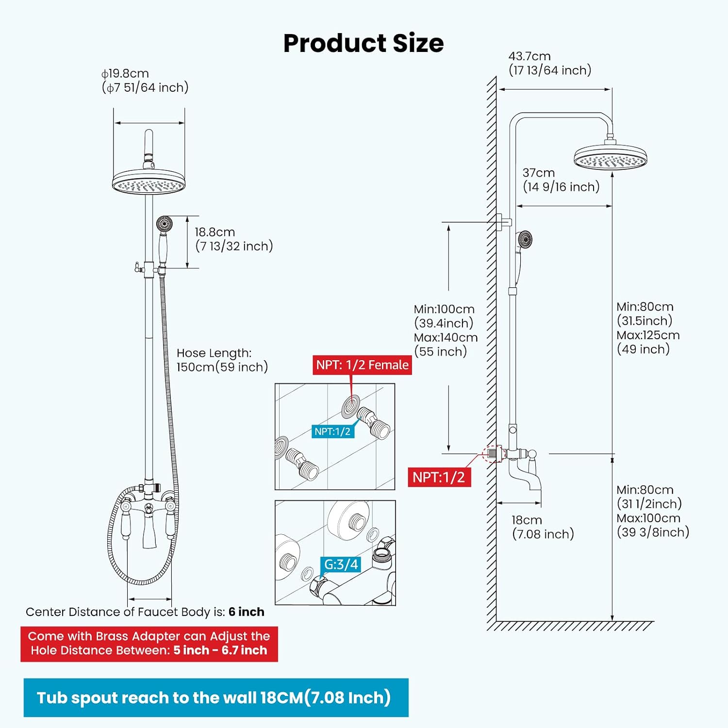 gotonovo Shower Faucet Set Brushed Nikcel 8-inch Shower Head Fixture with Handheld Spray Double Lever Handle Tub Spout Triple Function Bathroom Wall Mount
