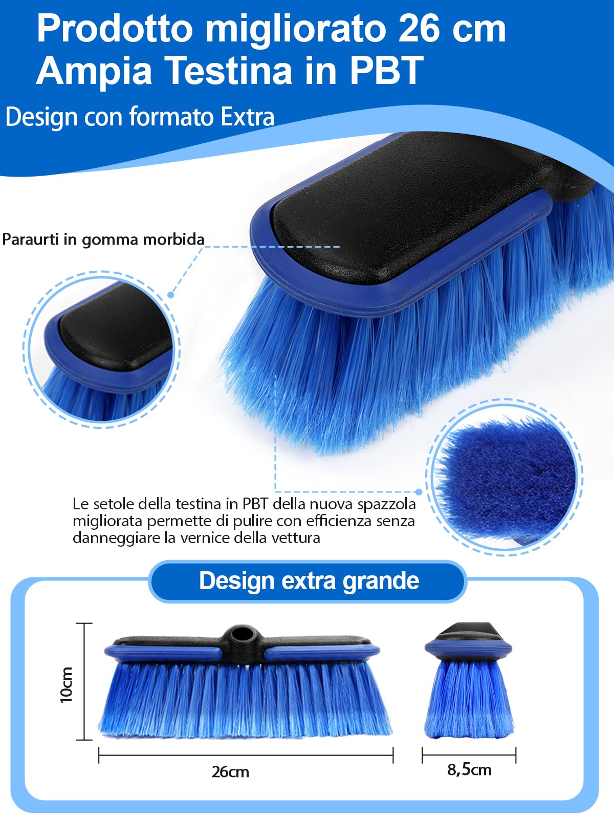 ZimiTeda Spazzola per autolavaggio con Manico Lungo in PBT, Testina Grande da 25 cm con setole morbide, paraurti in Gomma, Ideale per Ruote, Camper, SUV, Barche, Camion 151 cm