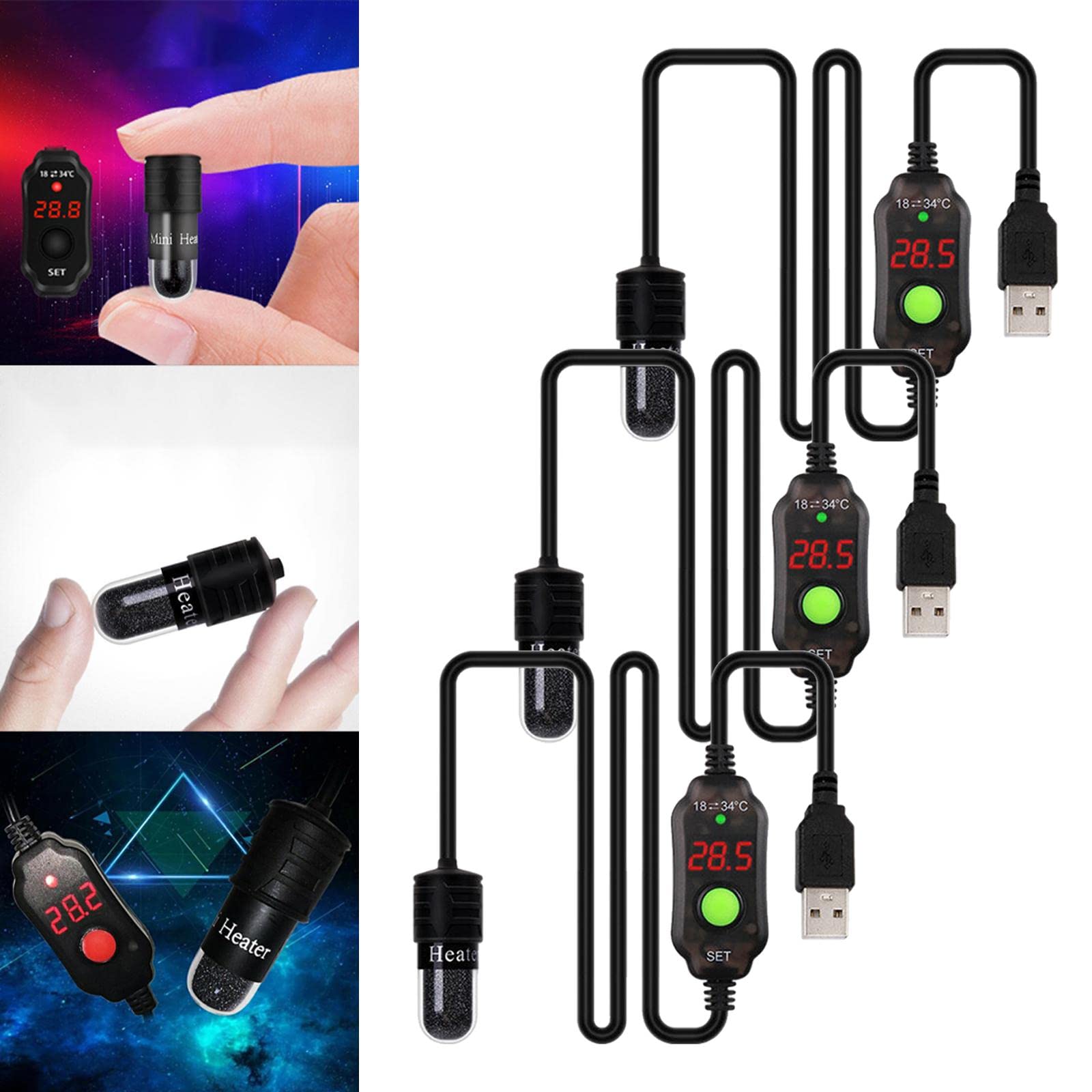 3X Calentador de Acuario Varilla Termostato Sumergible Controlador de Temperatura Ajustable USB Pantalla LED Digital Material Nichrome Protección de