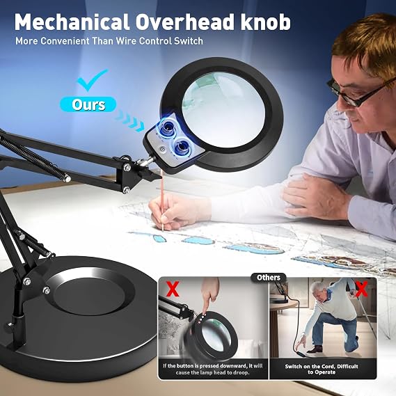 KIRKAS 12X Magnifying Glass with Light and Stand, Overhead Knob Magnifying Lamp for Workbench Craft, Sewing, 2-in-1 Lighted Magnifier Real Glass Lens Stepless Dimming and Color(9.06IN Base & Clamp)