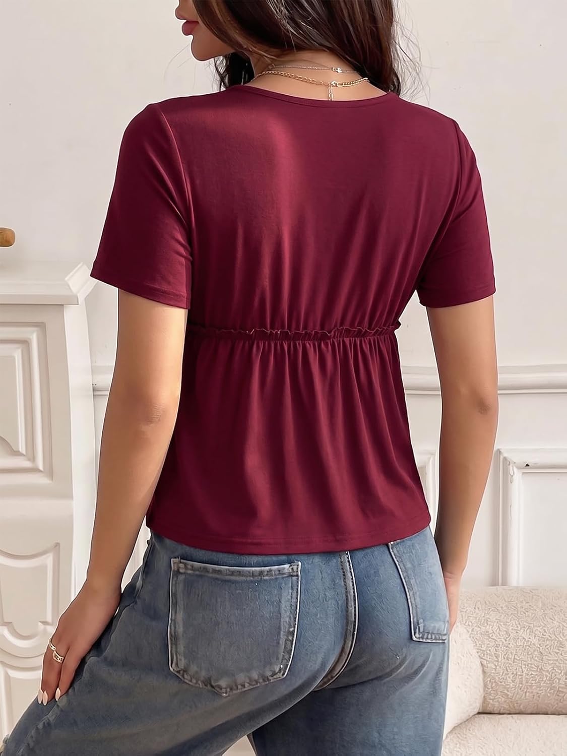 Womens Babydoll Top Peplum Flowy Cute Blouse Baby Doll Tops Short Sleeve Square Neck Y2K Summer Fashion Henley Shirt