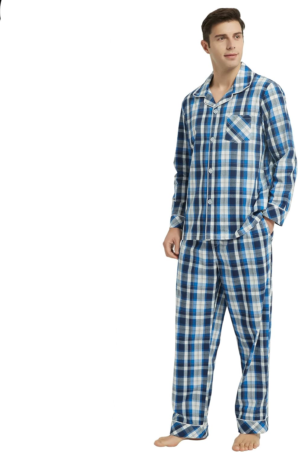 Vulcanodon Mens Cotton Pajama Set, Button Down Woven Pajama Set for Men Plaid Men's Sleepwear: Clothing