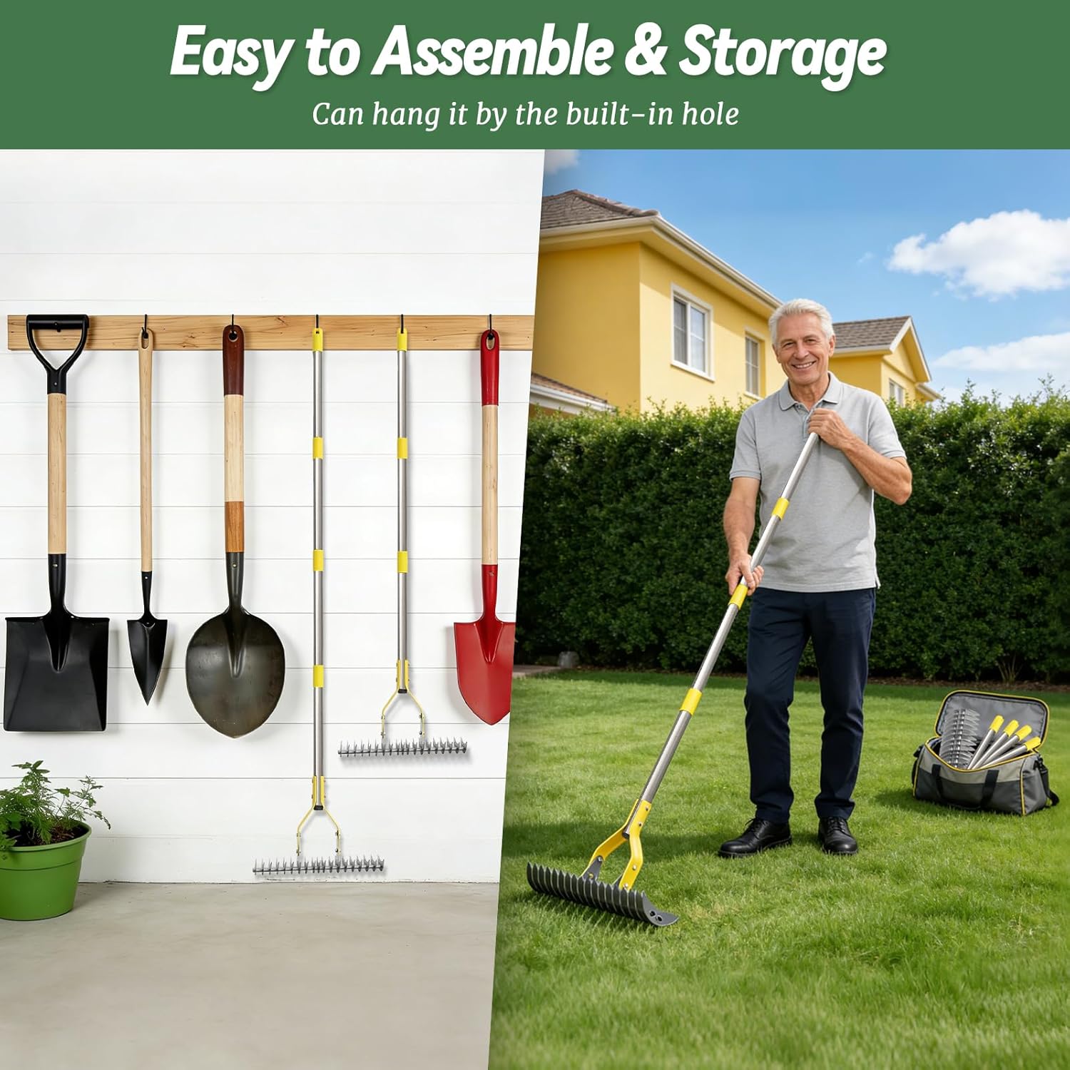 Thatch Rake, 15-Inch Wide Manual Dethatcher Rake for Cleaning Dead Grass, Loosening Soil, Efficient Stainless Steel Dethatching Rake with Long Adjustable Handle, Thatch Rakes for Lawns, Yard, Garden