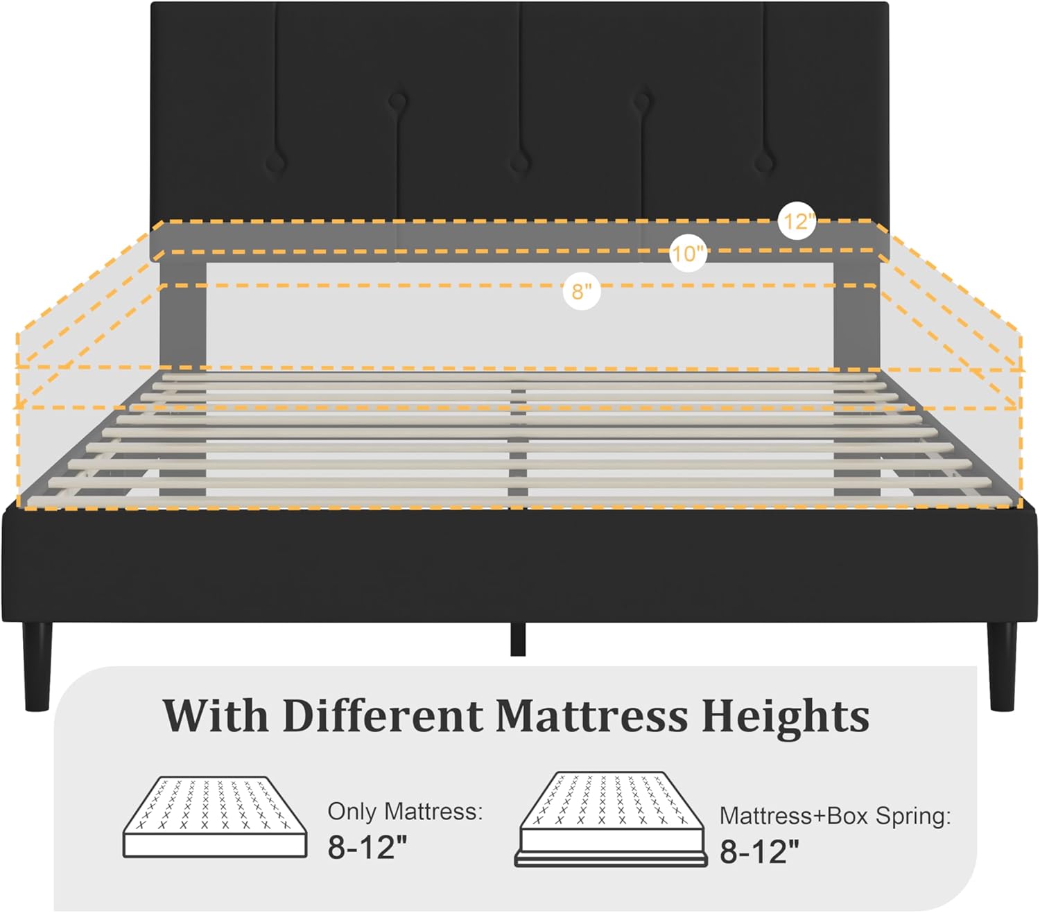 Queen Size Bed Frame Platform with Velvet Upholstered Headboard, Sturdy Wooden Slats, No Spring Box, No Noise, Easy to Assemble, Light Grey Bedframe with Strong Wooden Slats, Black - Image 9