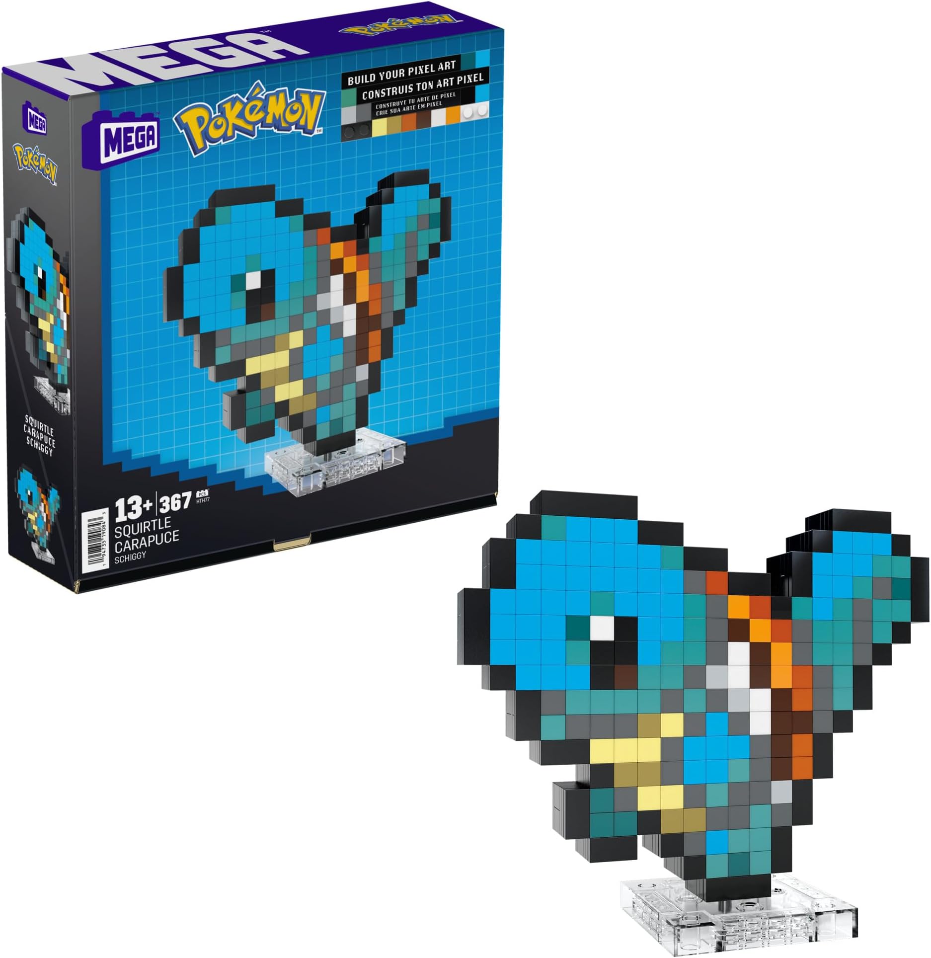 Mega Pokémon Squirtle Construction Set, Articulated Figure, Retro Pixelated Style, 6 inches, Wall or Table Decoration, 367 Pieces, Collectible, Children's Toy, Ages 7+, HTH77