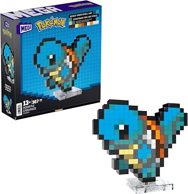 MEGA Pokémon Schiggy – zusammenbaubare Figur im Retro-Look, Pixel Art, 15 cm groß, inklusive Basis zur Wandmontage, für Erwachsene und erfahrene Sammler, HTH77