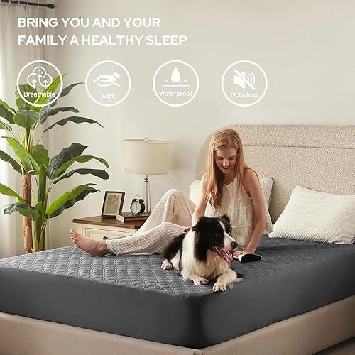 Miniatura 8 de Protector de colchón impermeable, silencioso, transpirable, suave y lavable para dormitorio y hotel (blanco, Queen)