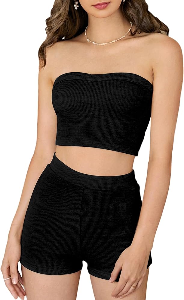 Amazon.com: Verdusa Women's 2 Piece Outfit Ribbed Crop Bandeau