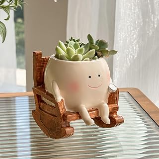 Smiley Face Planter Pot, Cute Rocking Chair Succulents Pot, Small Resin Head Planters for Indoor Plants, Flowers Planter for Home Decor, Plant Gift for Birthday Christmas