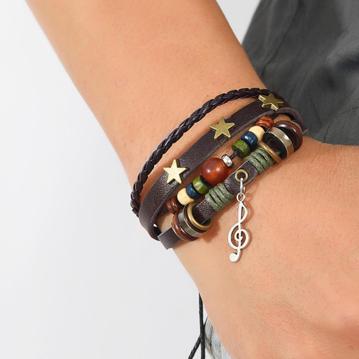 POYAMUSE Retro Leather Bracelet with Colorful Beads, Star and Music Note Charms, Y2K Style Butterfly Charm Leather Bracelet for Women Men Vintage Jewelry