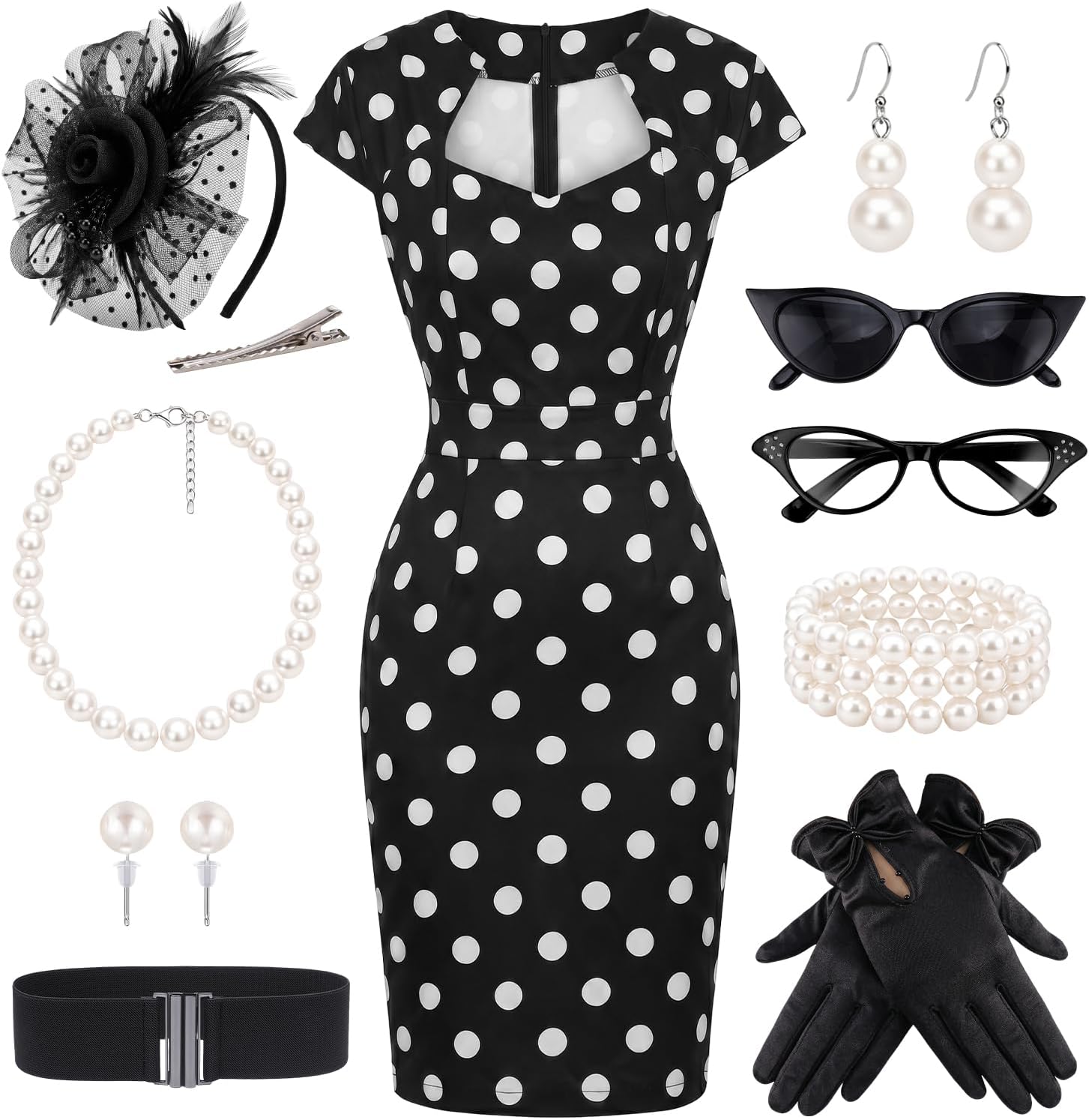 WILDPARTY 1950s Dresses for Women, Vintage Polka Dot Pencil Bodycon Cocktail Tea Party Dress with 10Pcs Accessories Set