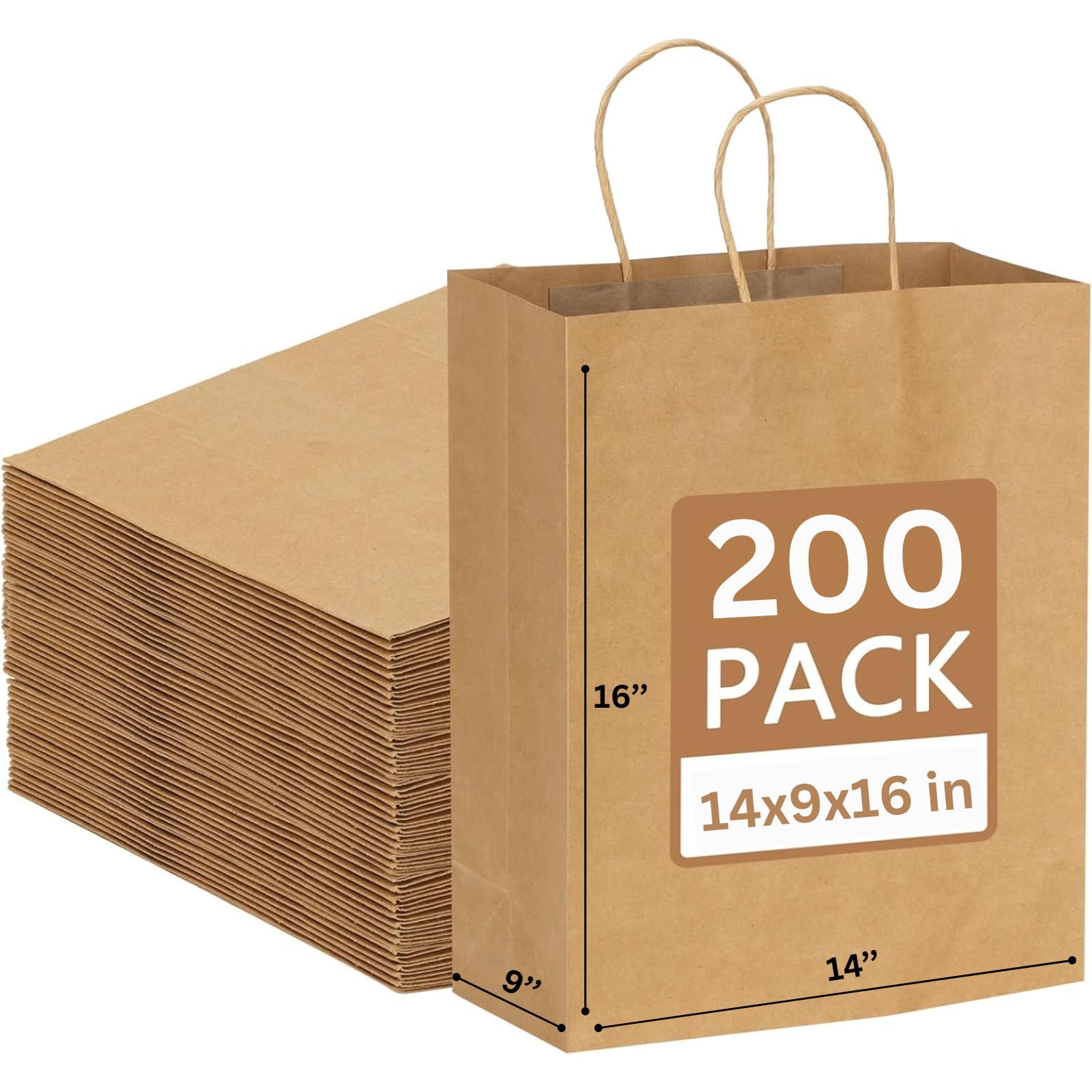 JET PAPER BAGS - 14”x9”x16” Inch [200 Pcs] Large Brown Paper Bags with Handles Prime for Takeout, Grocery, Goody, Retail, Party, Gifts, Weddings