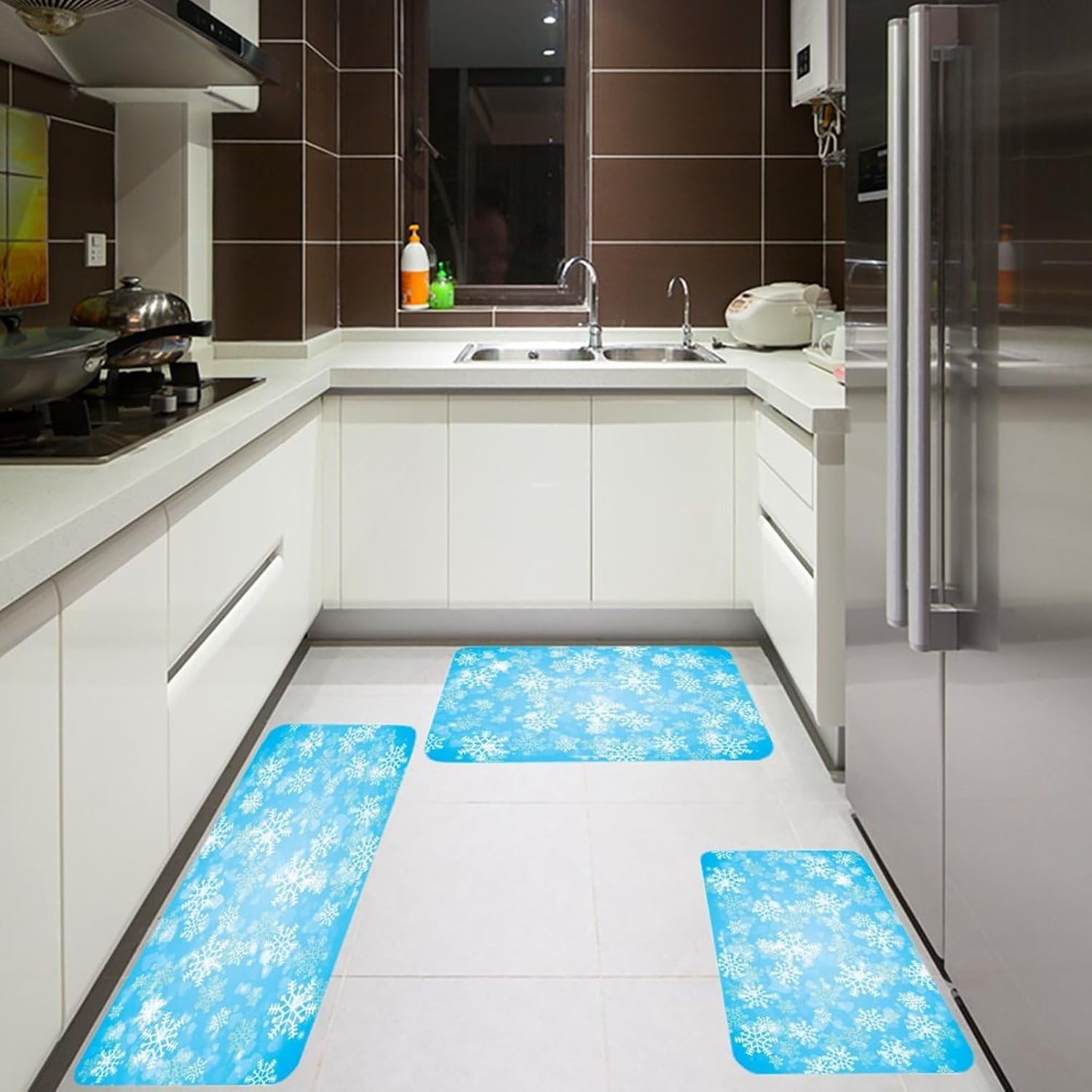 Winter Snowflake Kitchen Rugs Set of 3 Non Slip Washable Kitchen Mats for Floor Soft Area Rug Kitchen Floor Mat Cushioned Anti Fatigue Mats Standing Sink Mat Decor Runner Rugs