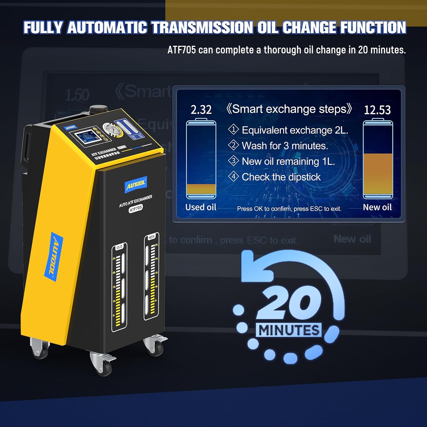 ATF705 display showing 'Smart exchange steps' with a 20-minute timer