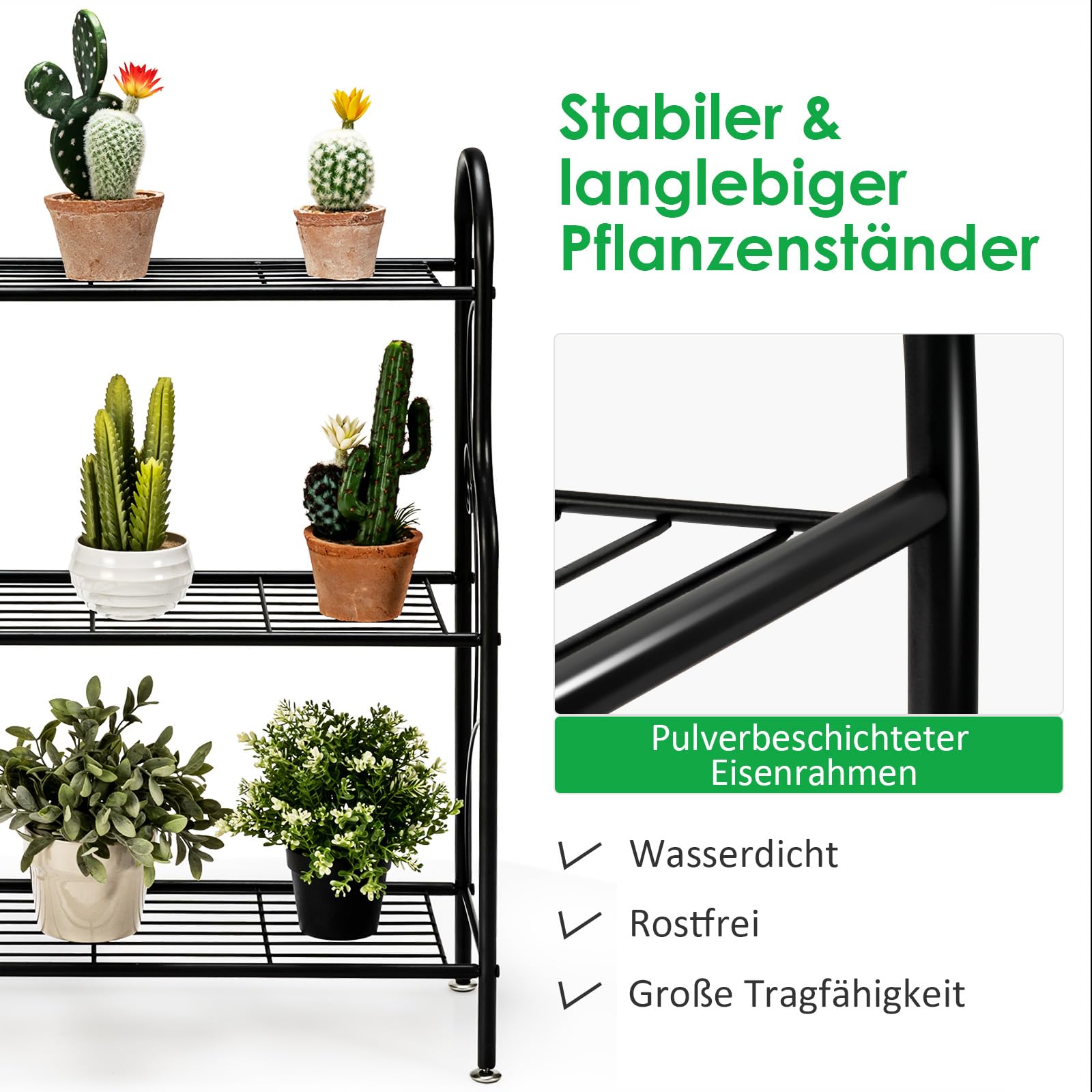 COSTWAY 3-stufige Metall Blumentreppe, Pflanzenständer Pflanzenregal Pflanzentreppe, Blumenregal belastbar bis 35 kg, Blumenbank für Garten Balkon Indoor Outdoor, Schwarz, 72 x 25 x 85 cm