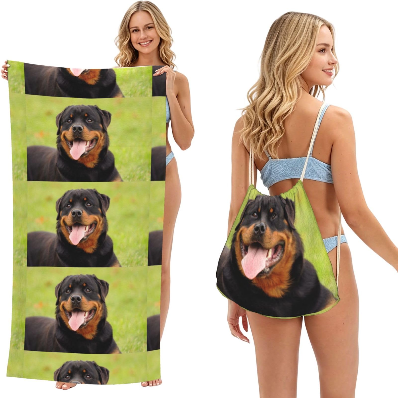 Poadnly As Picture Rottweiler Printed, 2 In 1 Packable Towel Bag, Beach Towels With Drawstring Backpack For Travel Holiday Camping