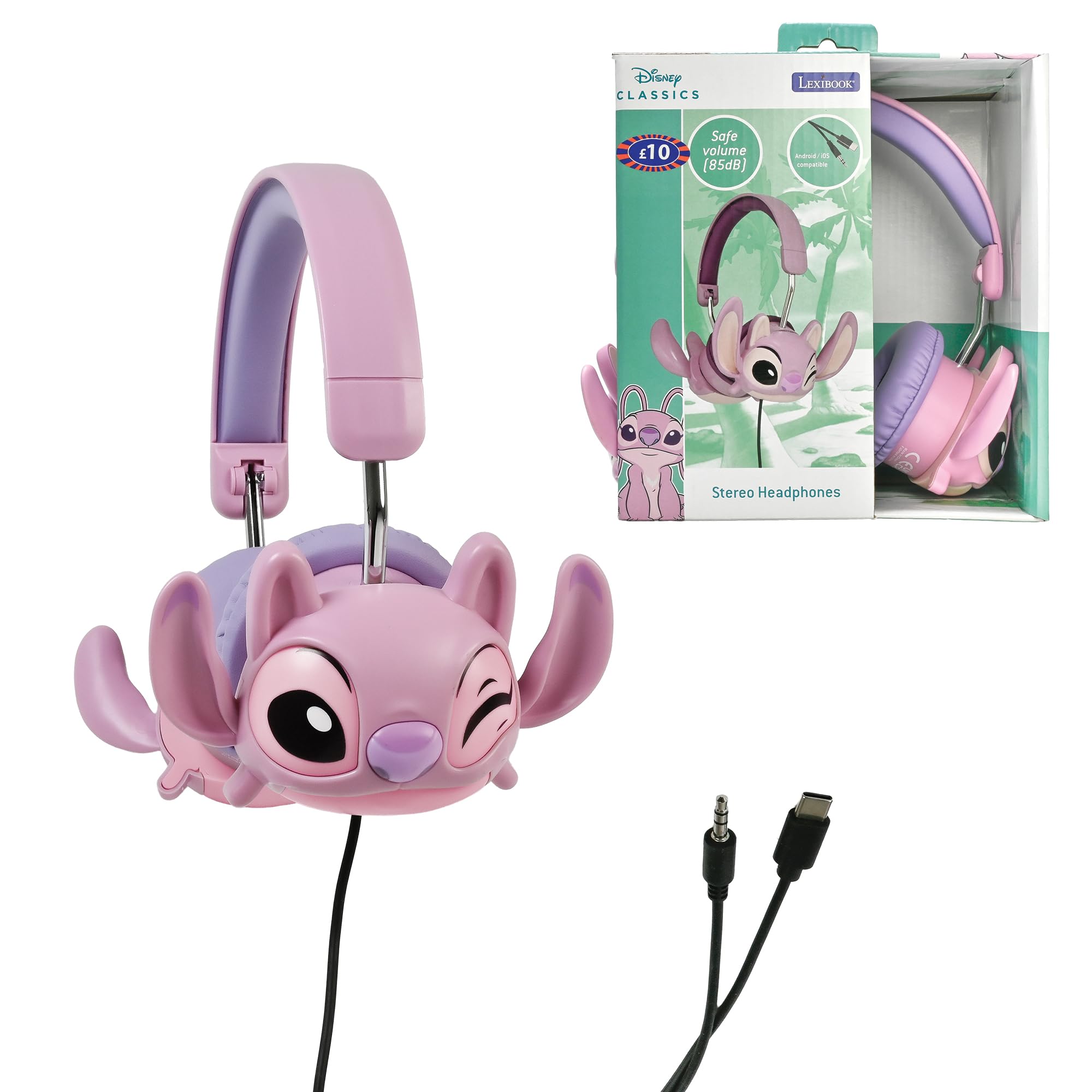 LEXIBOOK, Disney Stitch, Foldable Wired Stereo Headphones with Volume Limitation Angel from Disney Stitch, Pink, HP015D1