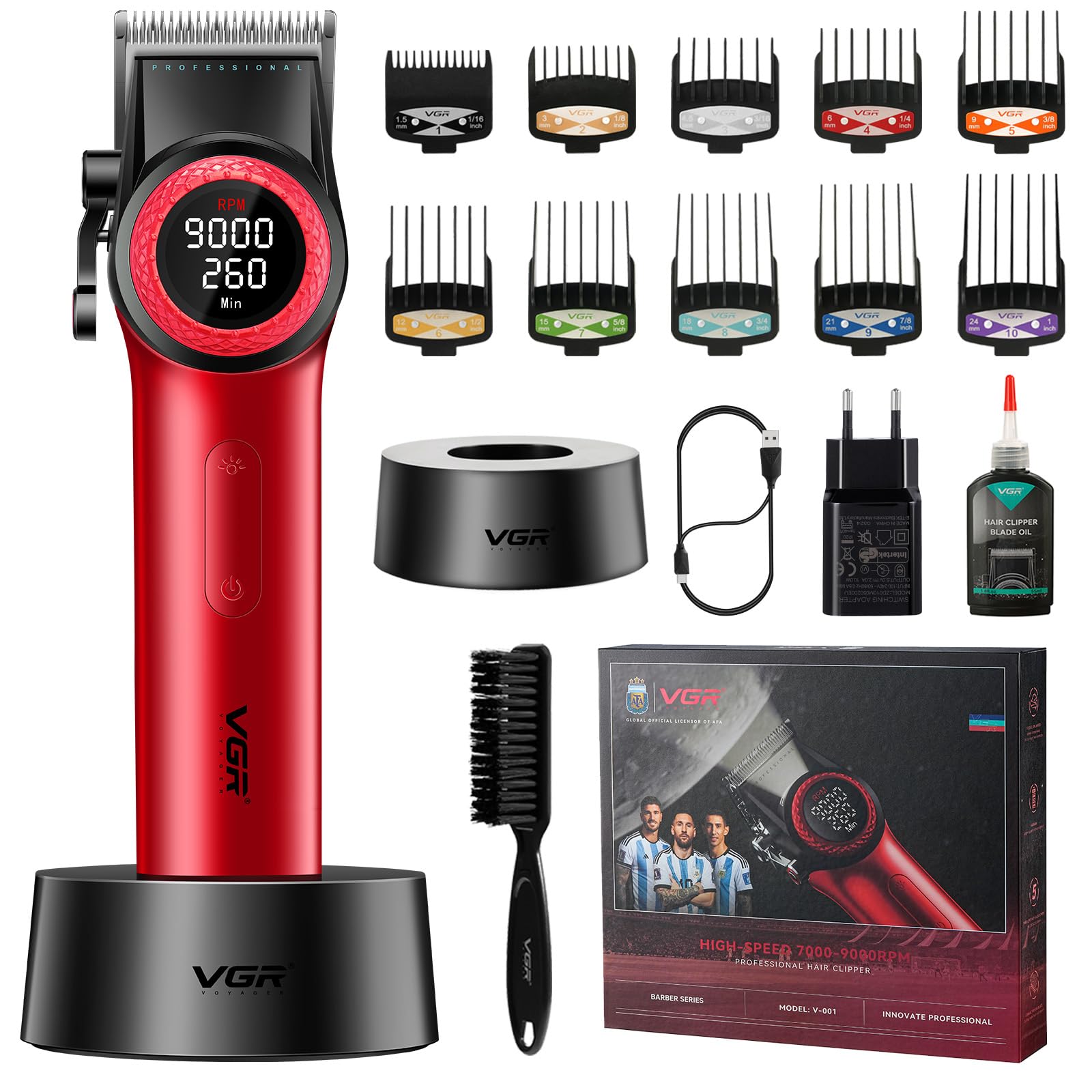 VGR 001 Tagliacapelli Professionale per Uomo, Macchinetta per Capelli Senza Fili Barbiere, Taglia Capelli Lame in Ceramica, 9000 Giri/Min, Display Digitale a LED, Corpo in Metallo, Rosso