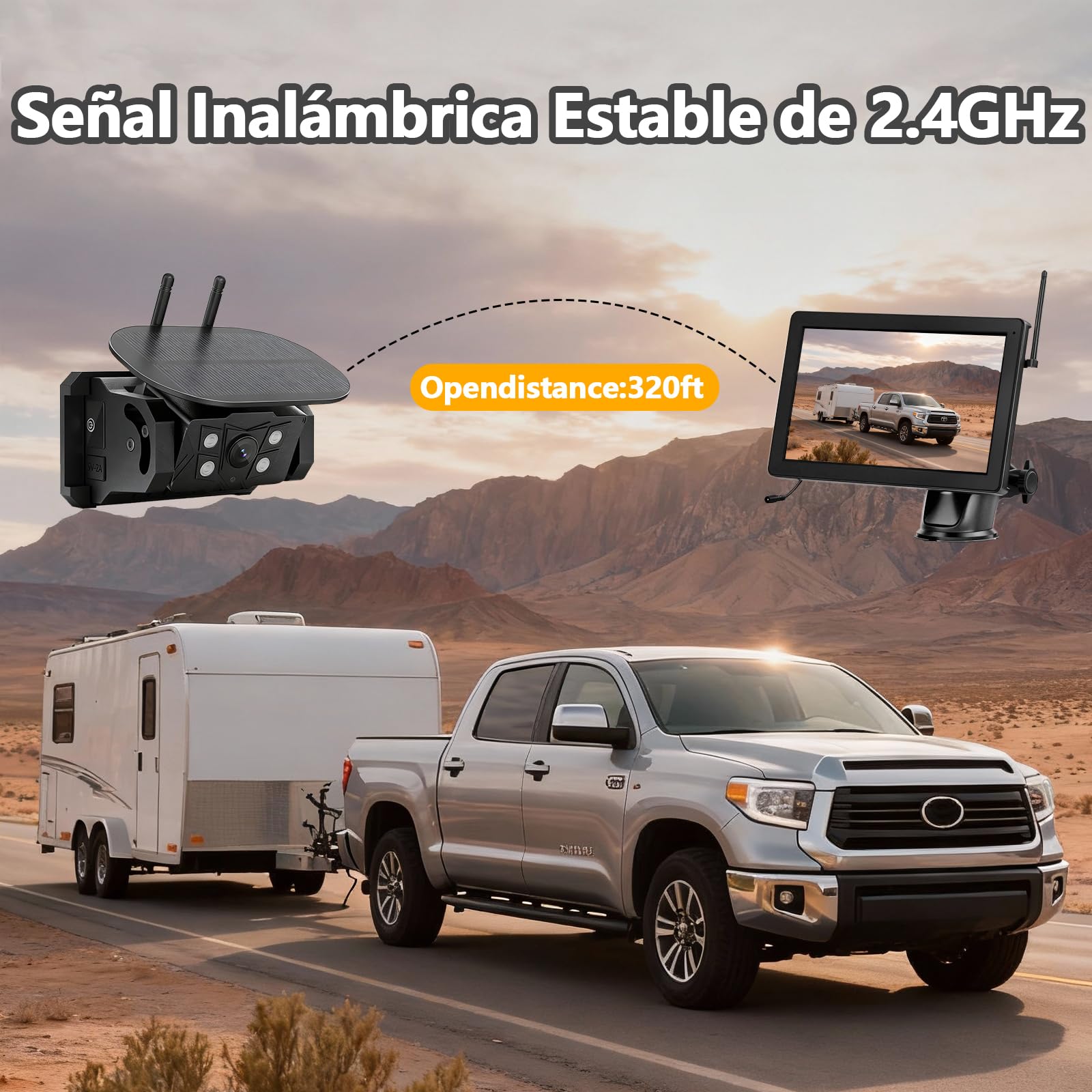 Solar Camara Trasera Coche Inalambrica Magnética, 7'' 1080P Monitor 9600mAh Cámara de Marcha Atrás, Vision Nocturna, para Furgoneta, Caravana, Remolque, Camiones(VS-7C)