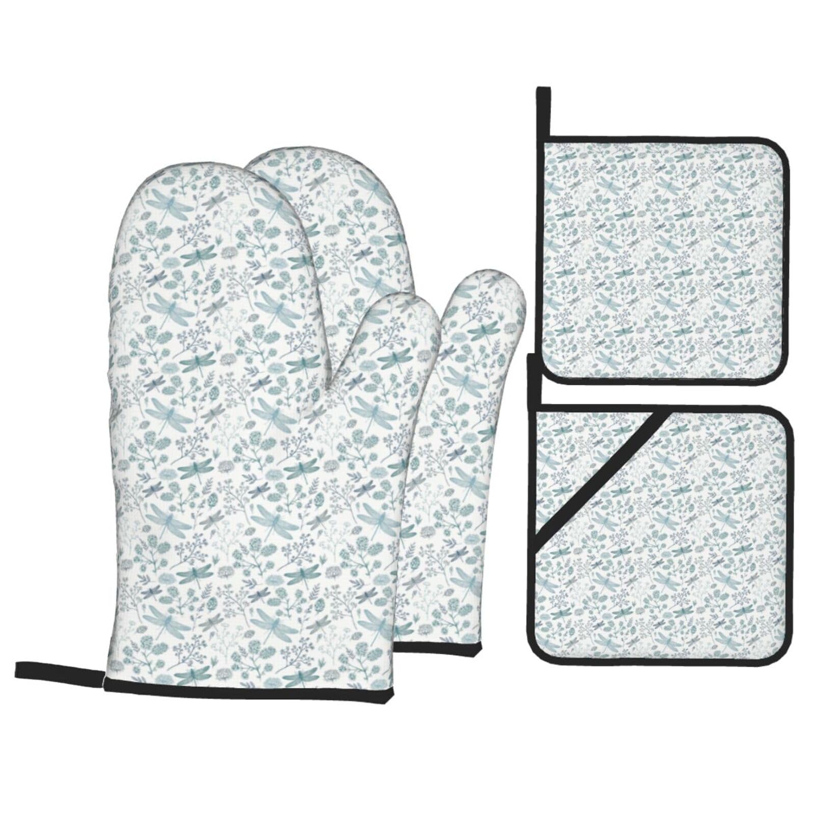 Dragonfly Flower Print Stylish Heat-Resistant Oven 4-Piece Set Kitchen Gloves Roasting Daily Cooking