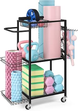 Yoga Mat Storage Rack, Home Gym Storage, Workout Equipment Storage Rack | Home Gym Storage Rack with Lockable Casters, Multi-Purpose Storage, Metal Frame, Strong Structure, Easy To Install