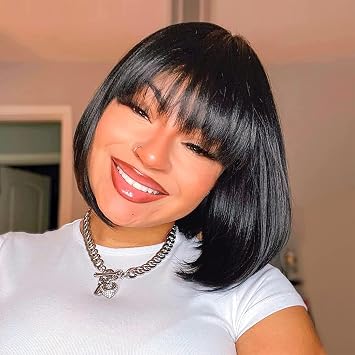 ToyoTress Black Bob Wig With Bangs - 12 Inch Short Bob Wig For Black Women Hair Daily Costume, Light Yaki Straight Synthetic Hair Wigs Heat Resistant 12 Inch, 1B-612H