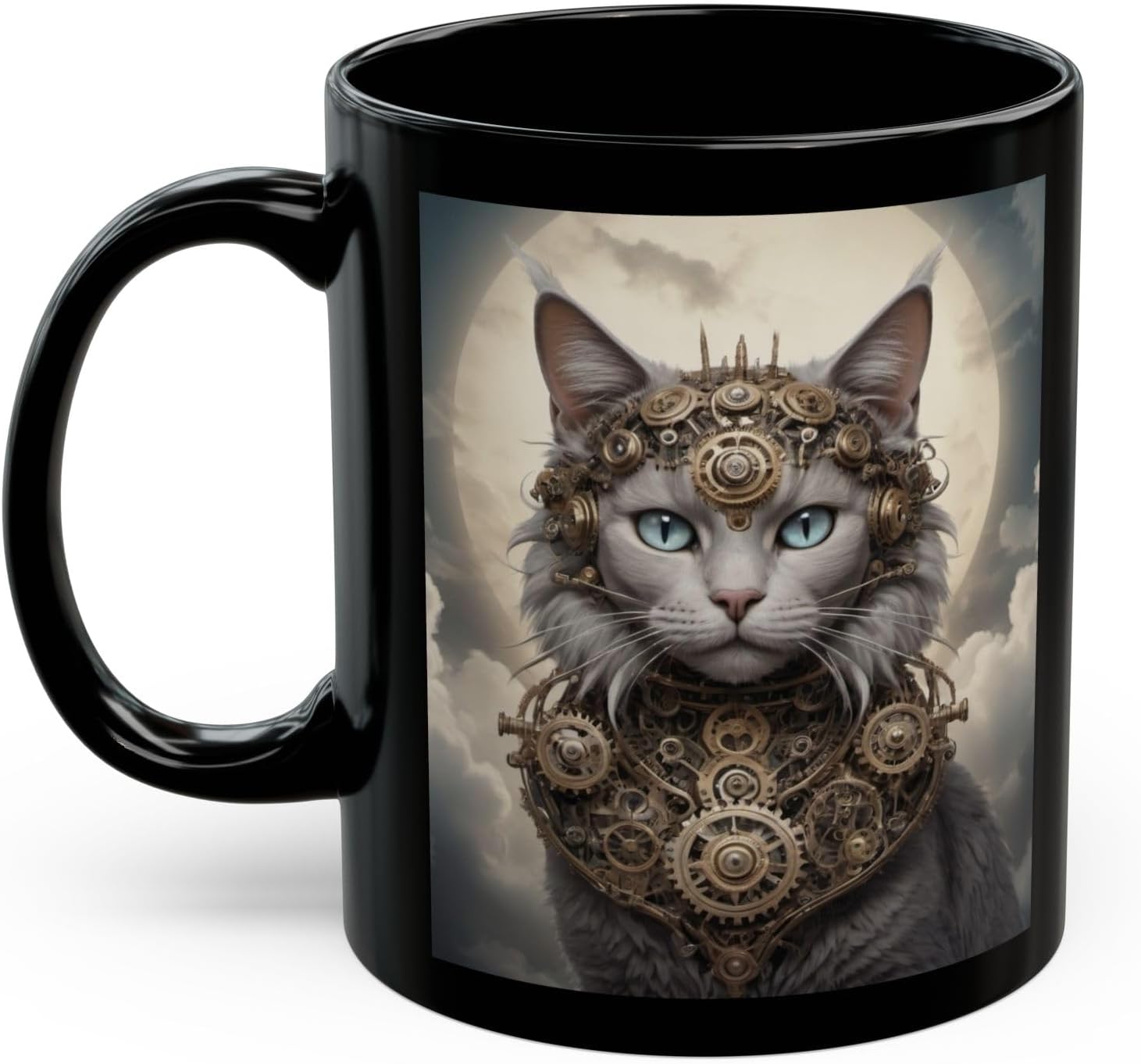 Steam-archy Feline Guardian Cat Black Mug (11oz, 15oz), Gear Graphic Design