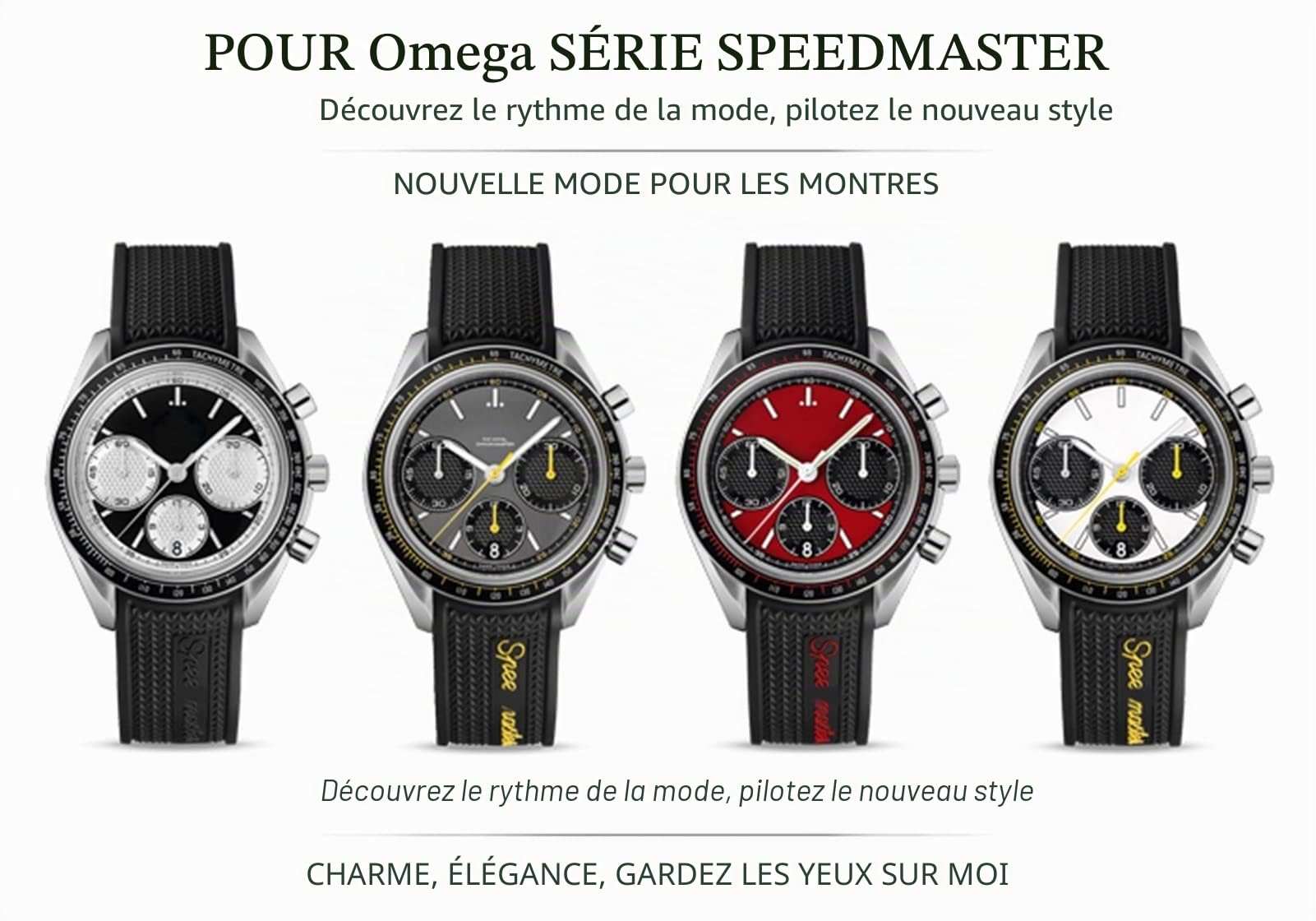 Pour Omega Speedmaster Bracelet de montre en acier inoxydable Boucle déployante 20 mm 21 mm 22 mm Bracelet de montre en caoutchouc silicone (couleur : noir, jaune, noir, taille : 21 mm)