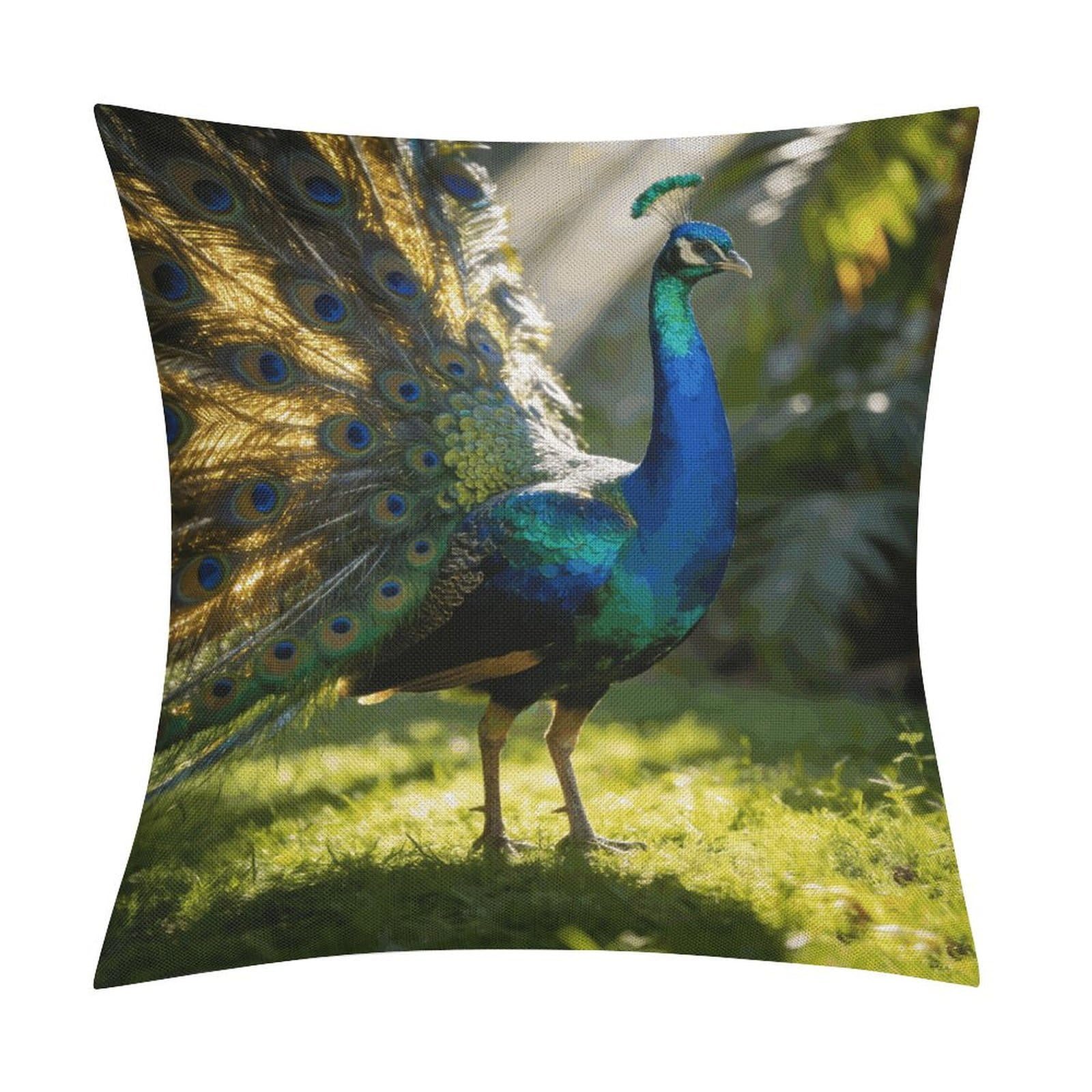 LZQPOEAS Peacock Throw Pillow Covers, Waterproof Faux Linen Pillow Cases with Invisible Zipper, Decorative Square Cushion Covers for Sofa Couch Living Room Bedroom 18x18 Inch