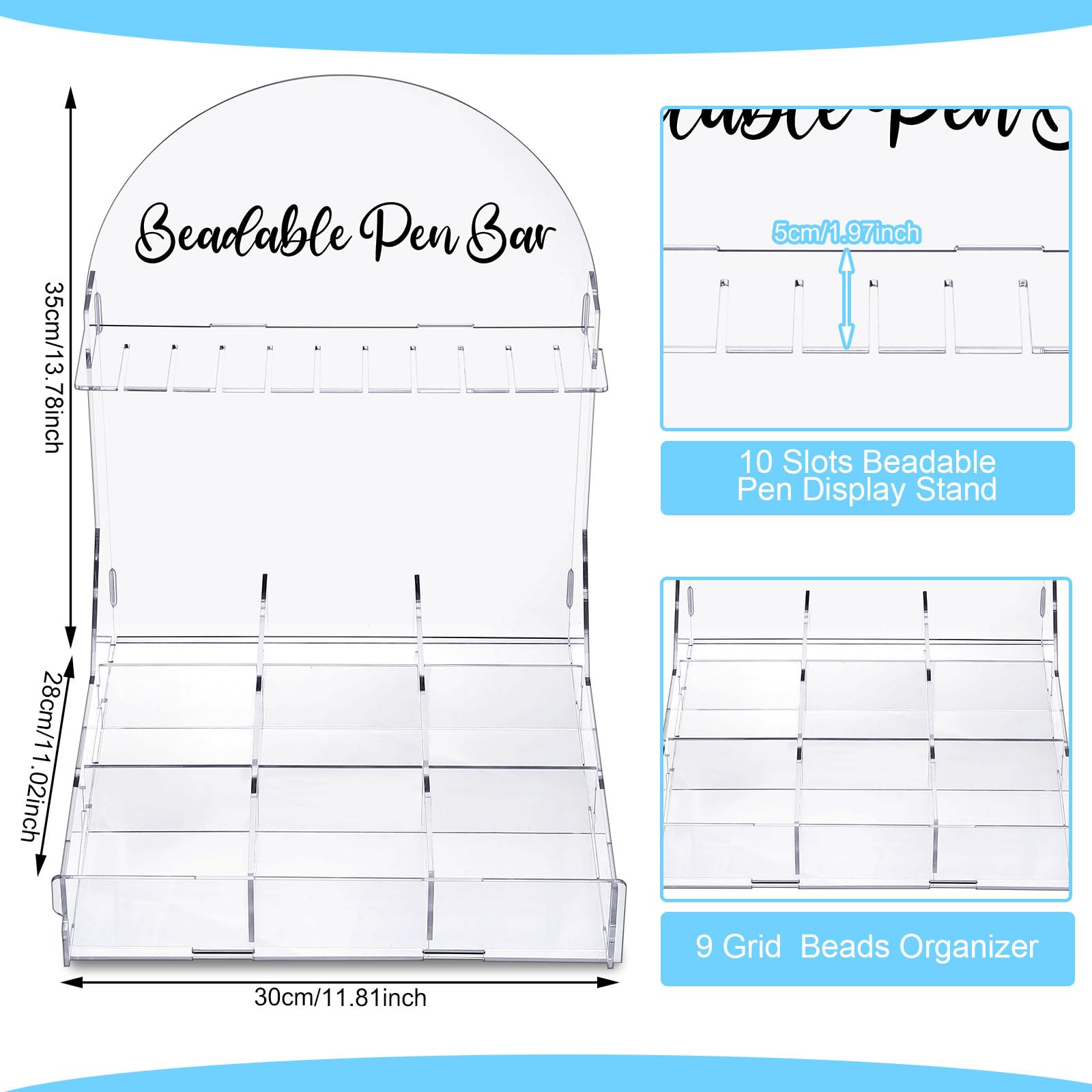 Glenmal Beadable - Portapenne con vassoio di ordinamento, 10 scomparti, espositore per penne con perline, organizer con 9 scomparti, diviso, per fai da te, casa, ufficio (acrilico)